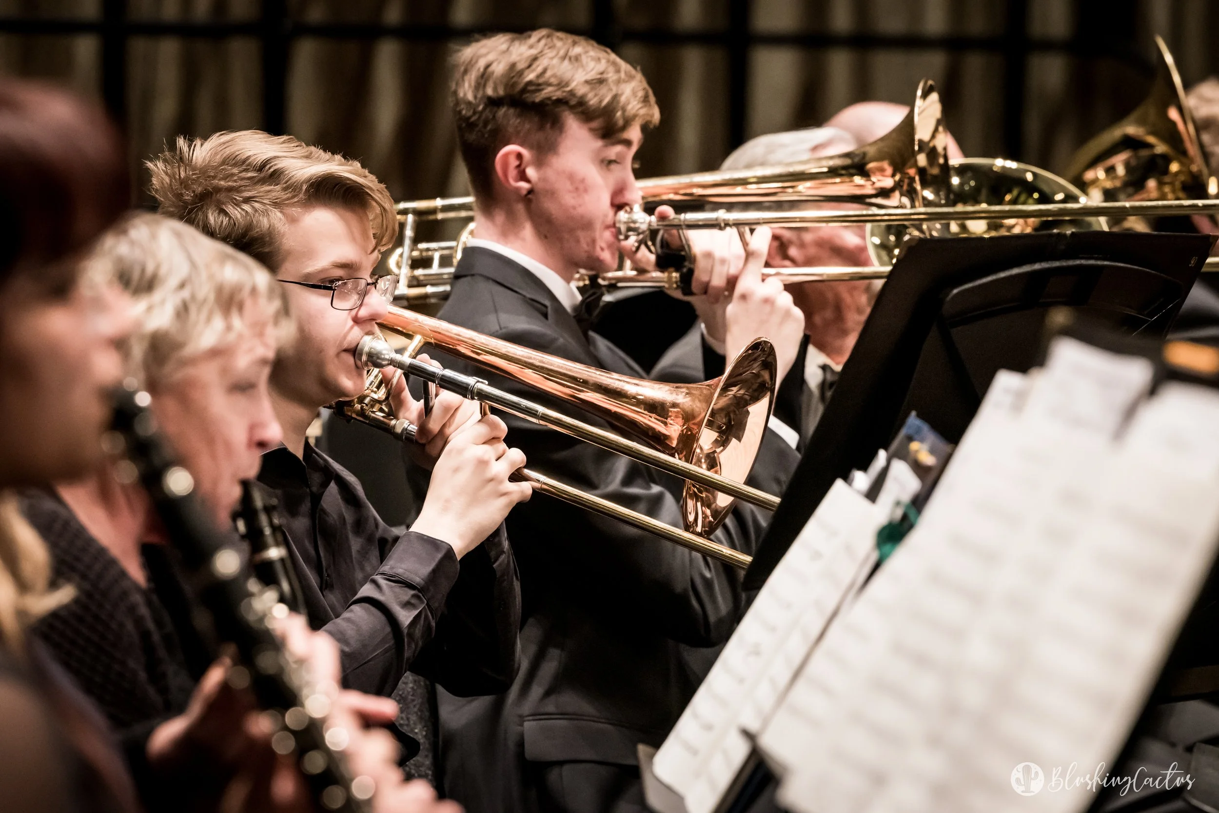 Orchestra musicians playing brass and woodwind instruments during a performance.