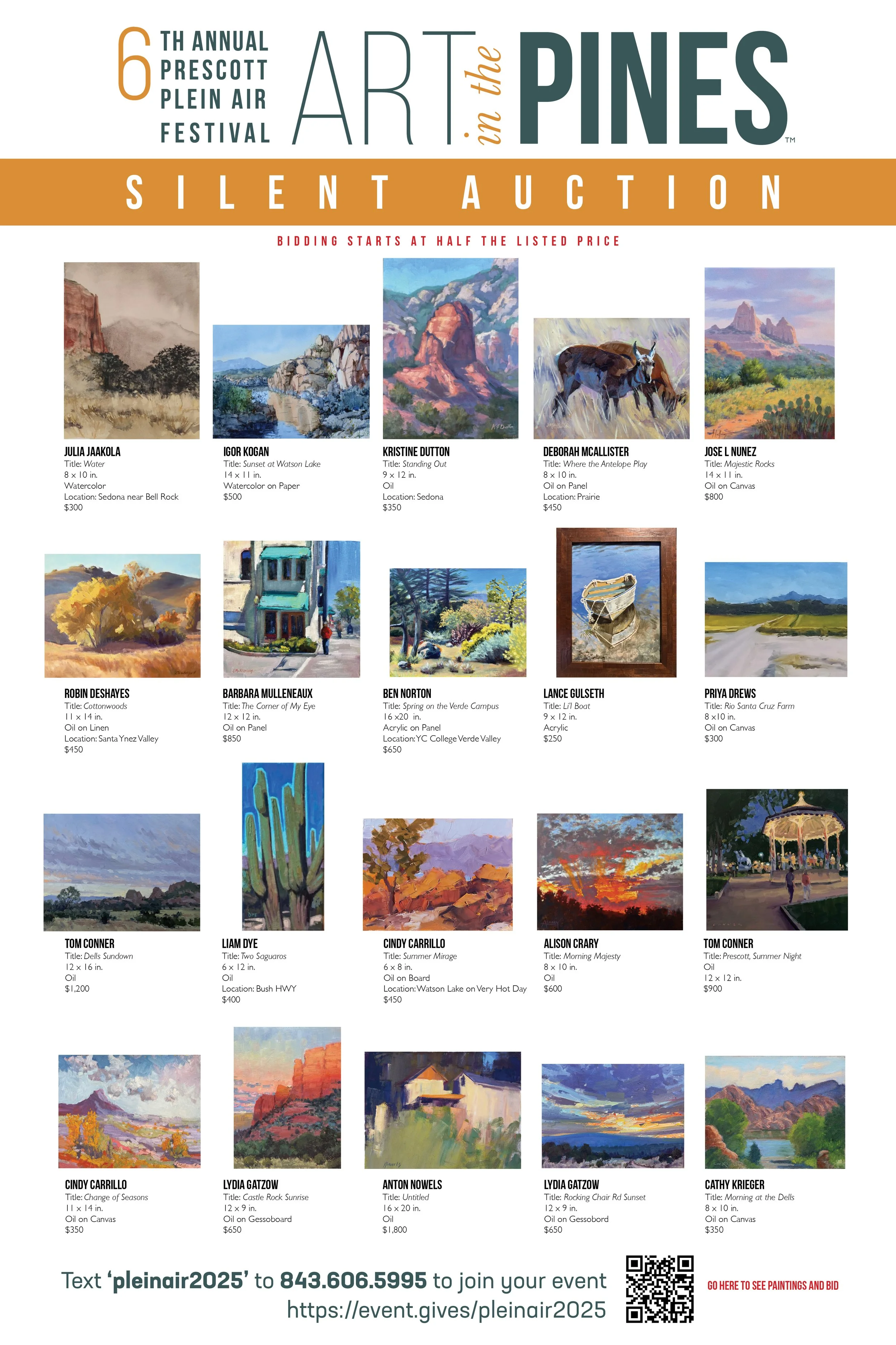 Poster for the 6th Annual Prescott Plein Air Art Festival silent auction, featuring images of various paintings with titles, artists, sizes, mediums, locations, and prices listed.