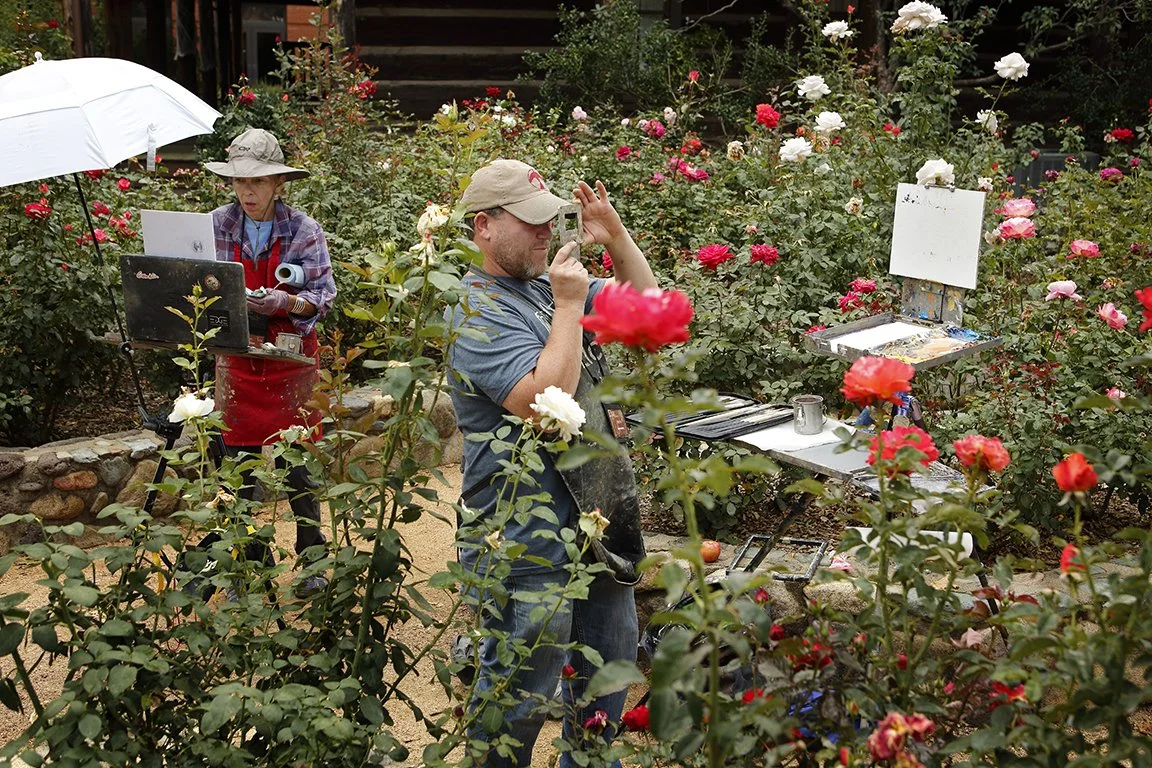Two people in a rose garden, one taking a photo with a camera, and the other working on a laptop under an umbrella.