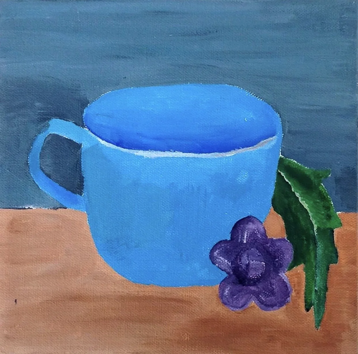 Madison Jones “Blue Cup on Table Next to Leaf”