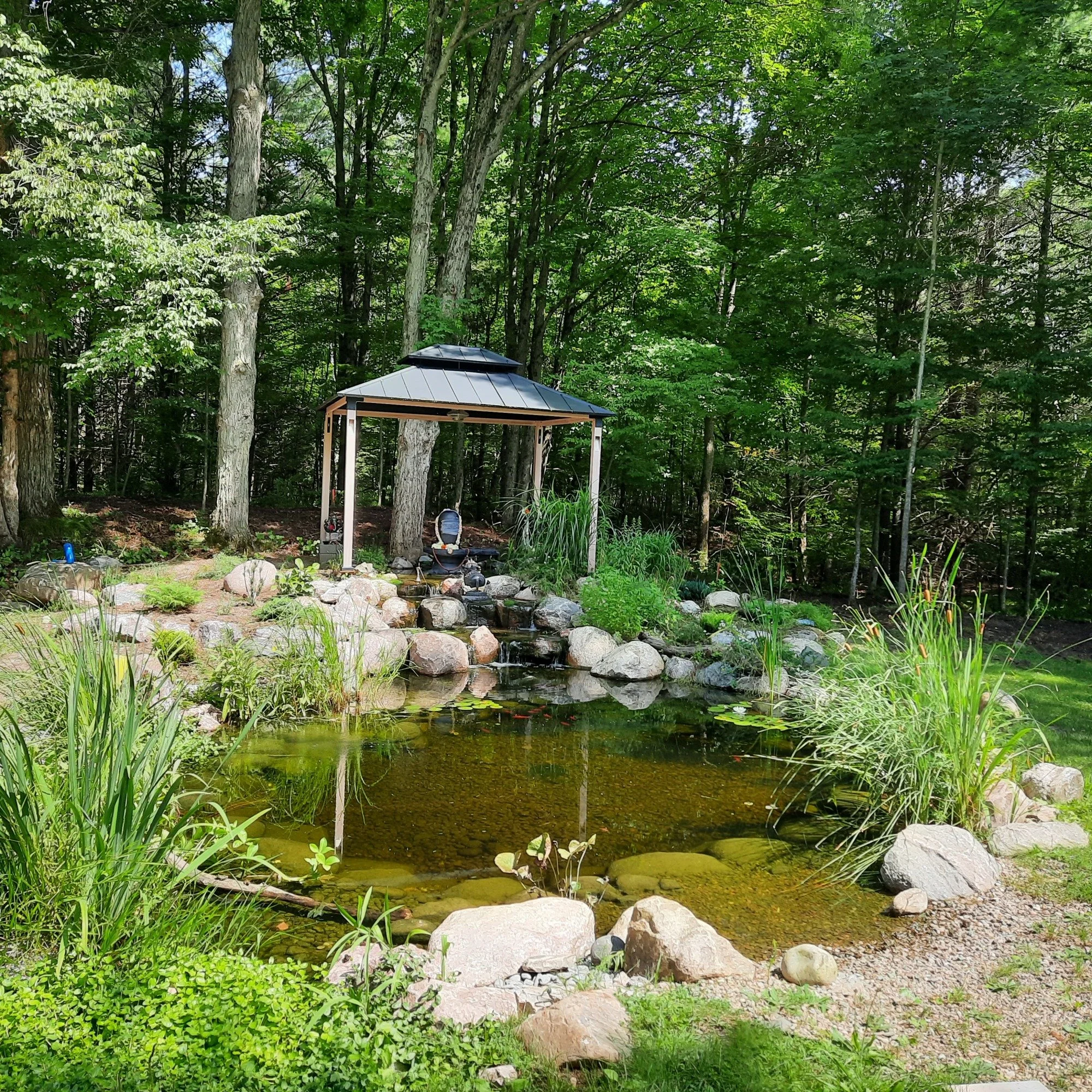 Tranquil pond with surrounding rocks and greenery, leading to a small gazebo. Trees in the background.