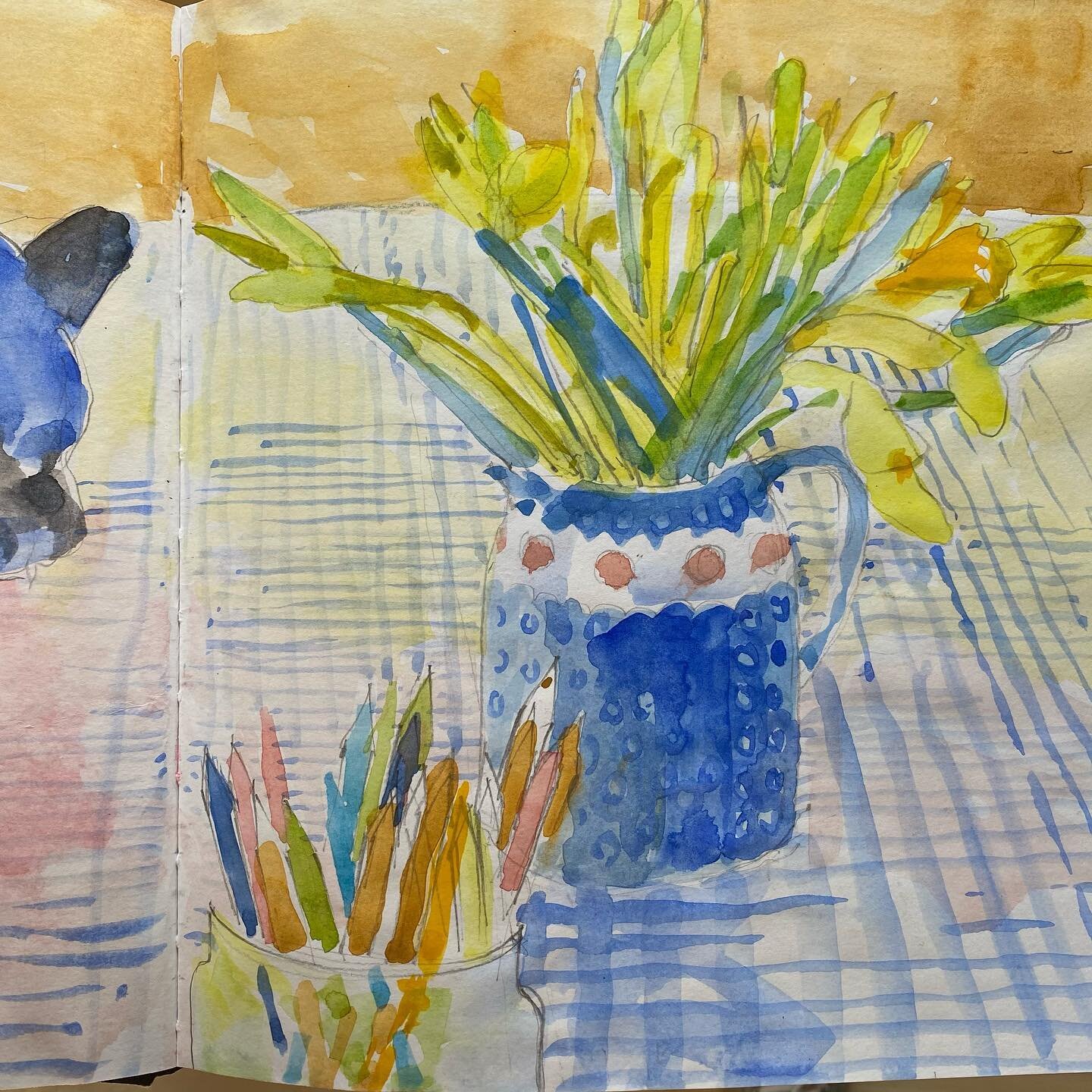 Cat watching the daffodils 
#sketchbook #sketches #watercolor #spring #stdavidsday #dailymotivation #sun #kitchentable #monday