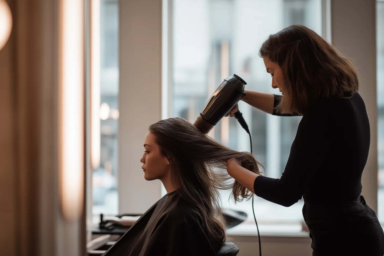 Hairdresser blow drying woman's hair in salon with large windows in background.