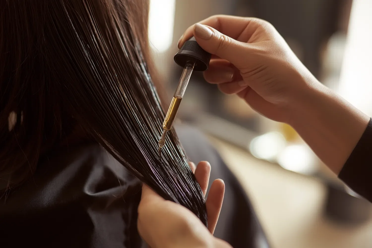 A hairdresser applying hair dye or treatment using a dropper to a client's long, dark, and shiny hair.