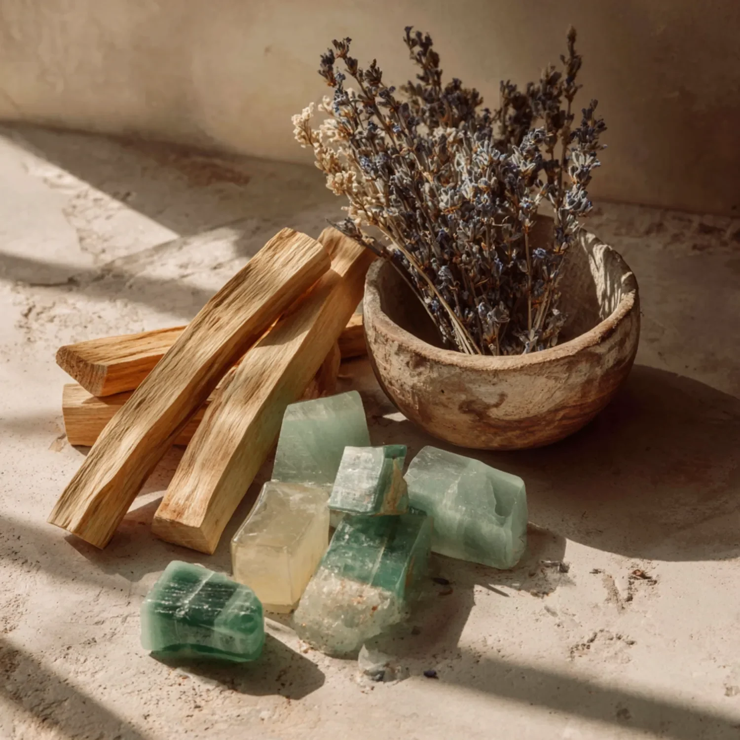 A collection of sage smudge sticks, dried lavender in a bowl, and green and clear crystals on a textured surface with natural light and shadows.