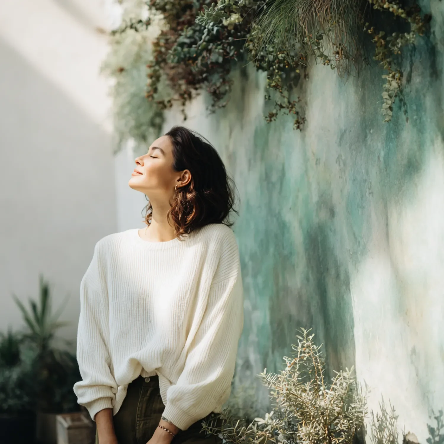 A woman smiling with her eyes closed, standing outdoors near a green mural wall, surrounded by plants.