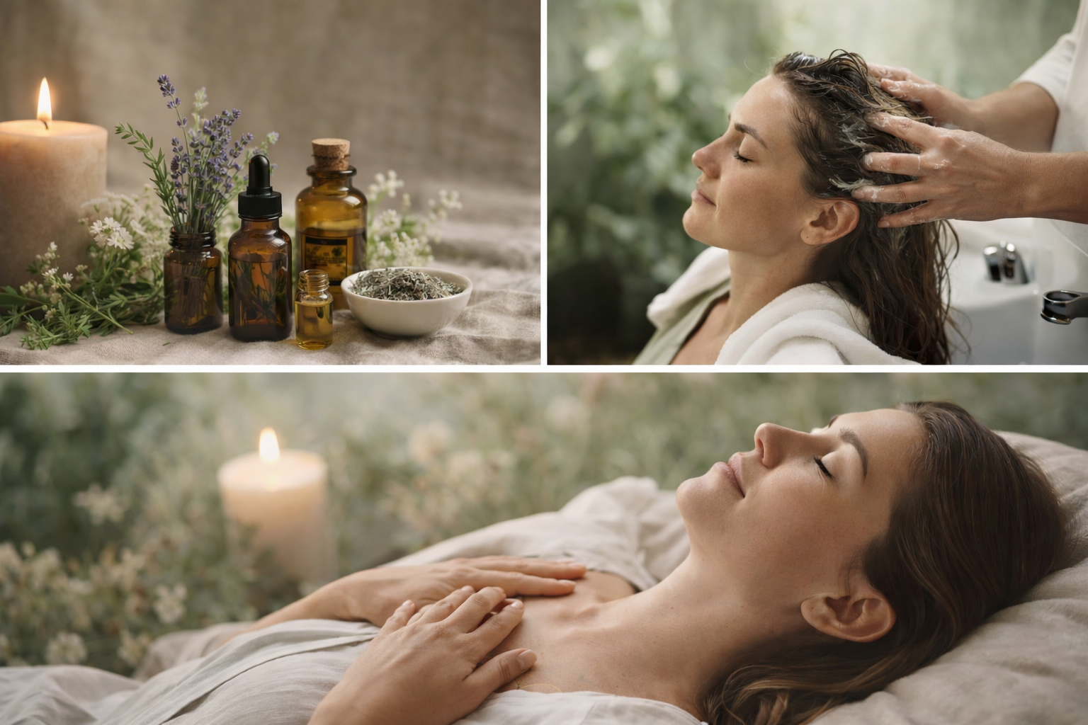A collage of three images: The first showing essential oils, herbal sprigs, and a lit candle on a neutral cloth surface; the second showing a woman with wet hair enjoying a relaxing scalp massage at a spa or wellness center; the third showing a woman lying peacefully outdoors with her eyes closed, a hand resting on her chest, and candles and greenery in the background, suggesting a natural or holistic wellness setting.