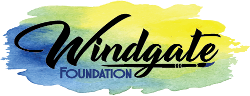 Watercolor backdrop blending blue and yellow with stylized text Windgate text in black, underlined with an illustration of a black paintbrush. The text "Foundation" sits underneath the "Windgate" text in blue capital letters.