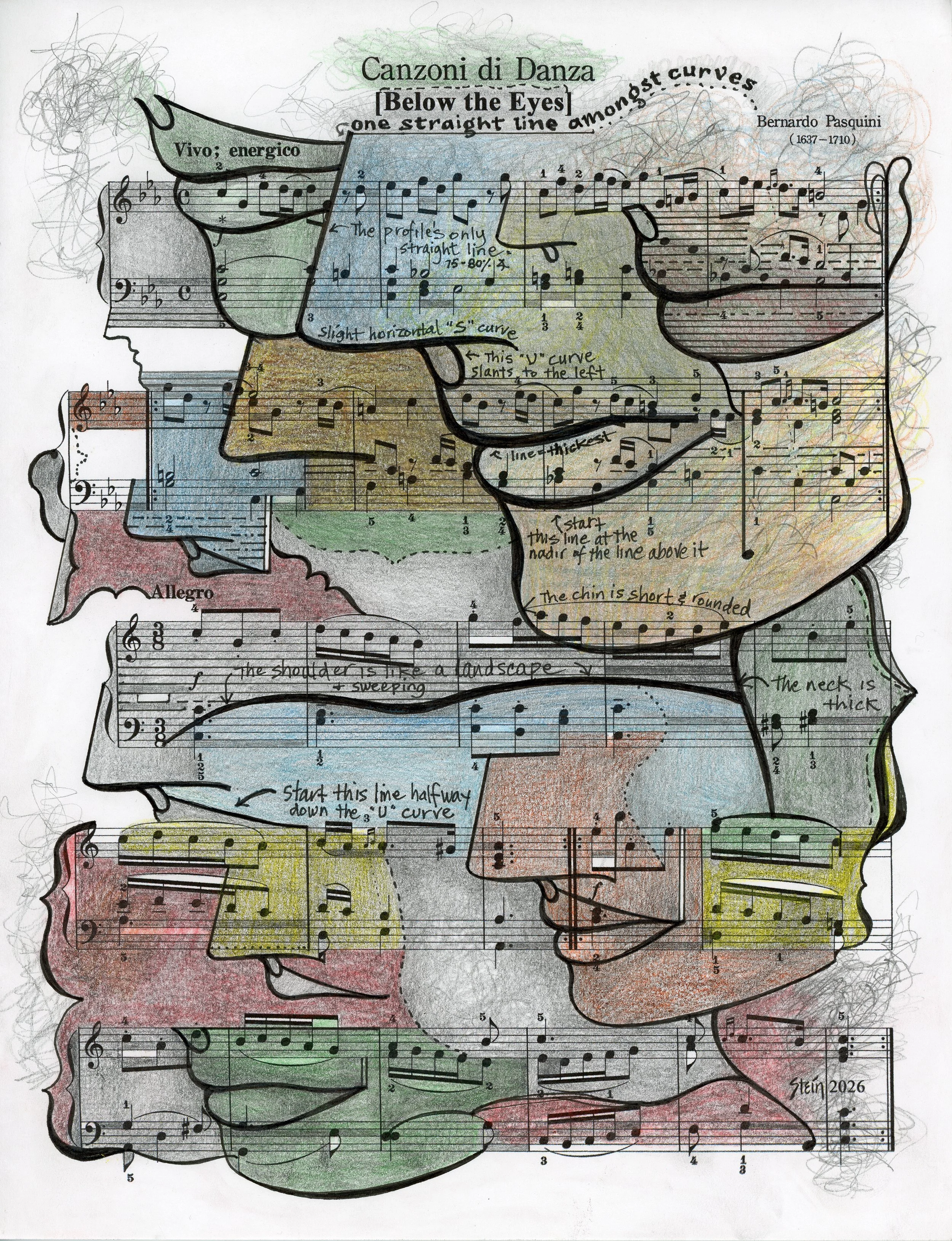   Canzoni di Danza 418.043  2026; 11” x 8.5”; Colored Pencil, Graphite, and Ink on Paper 