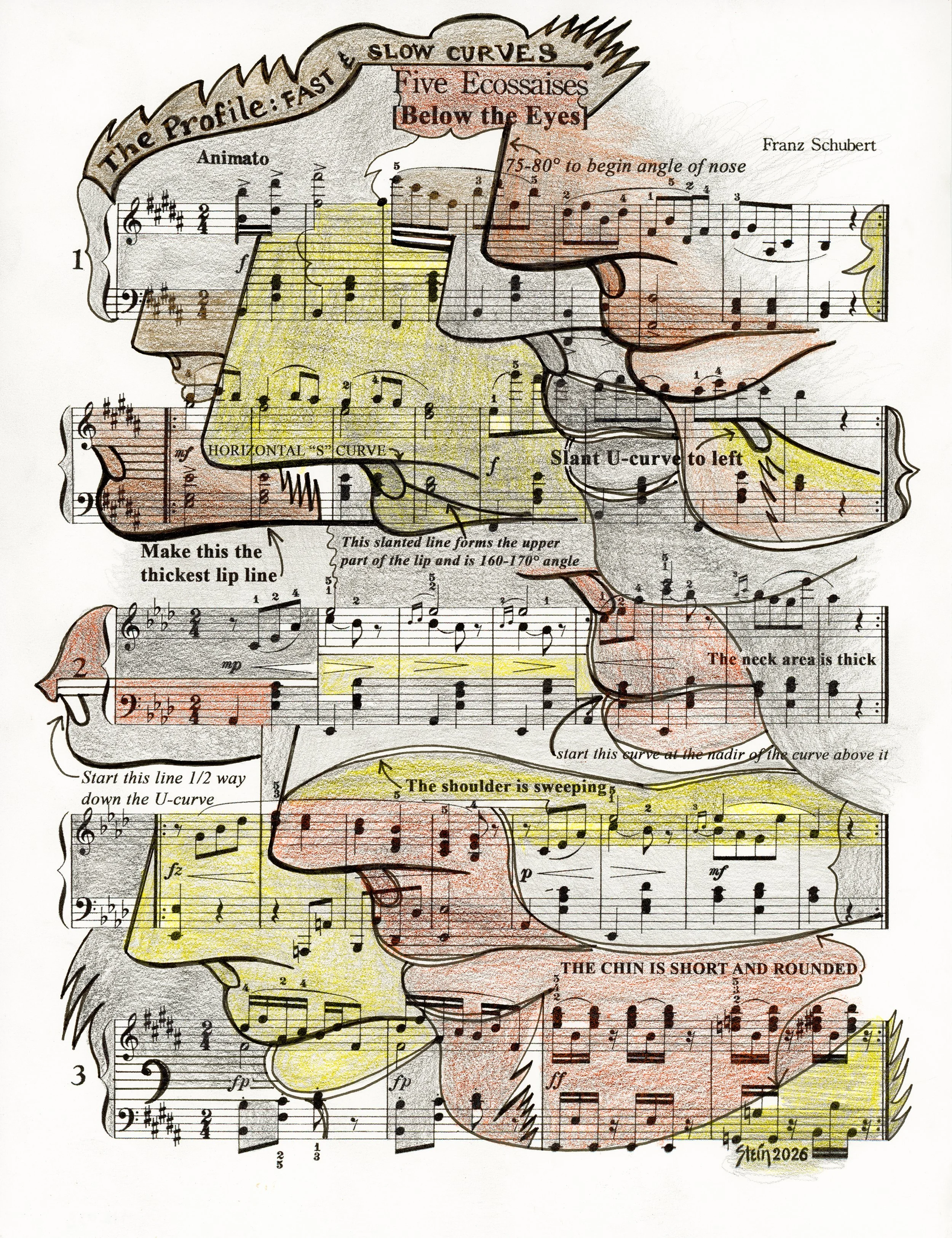   The Profile: Fast and Slow Curves 418.038  2026; 11” x 8.5”; Colored Pencil, Graphite, and Ink on Paper 
