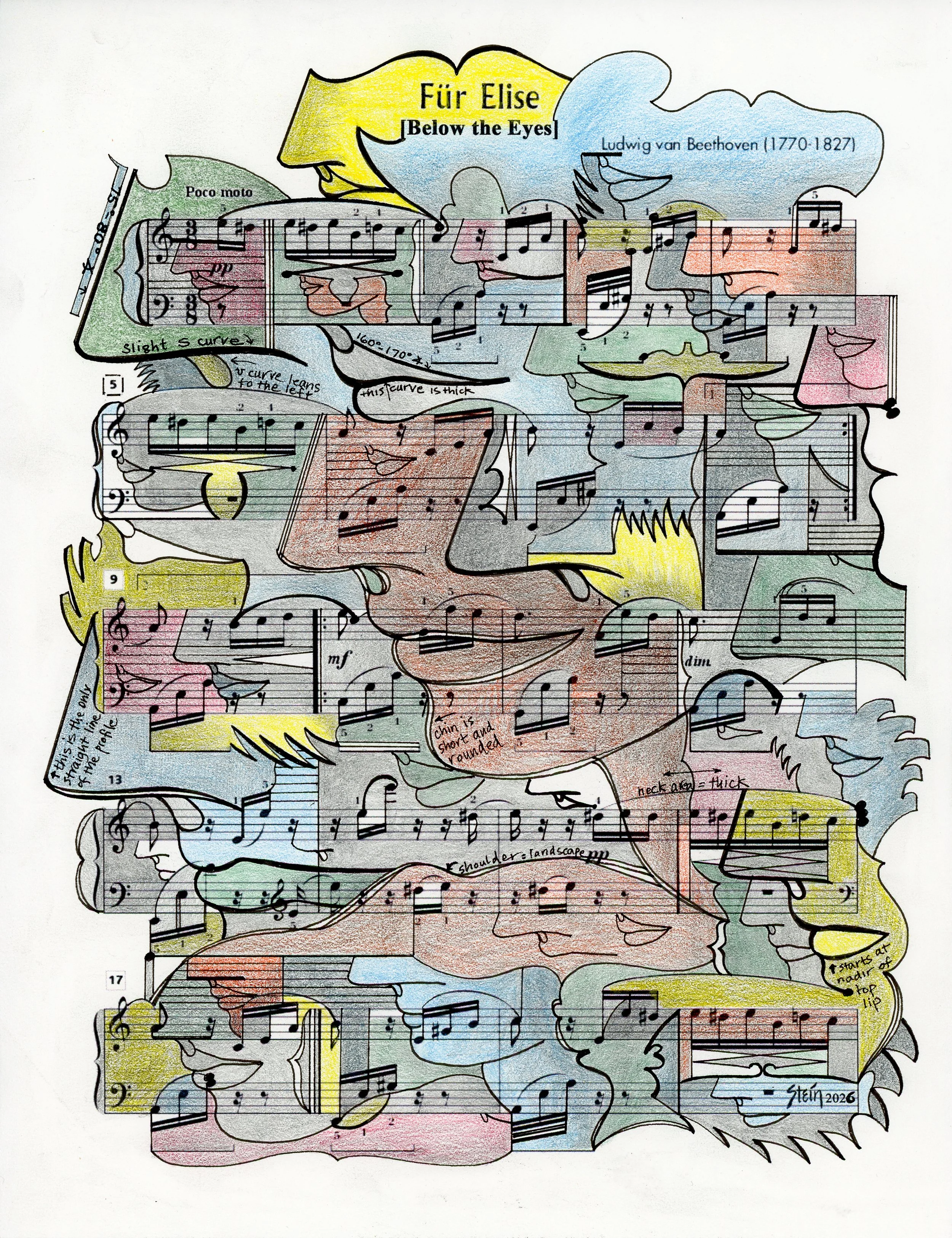   Profile Notation 418.035  2026; 11” x 8.5”; Colored Pencil, Graphite, and Ink on Paper 