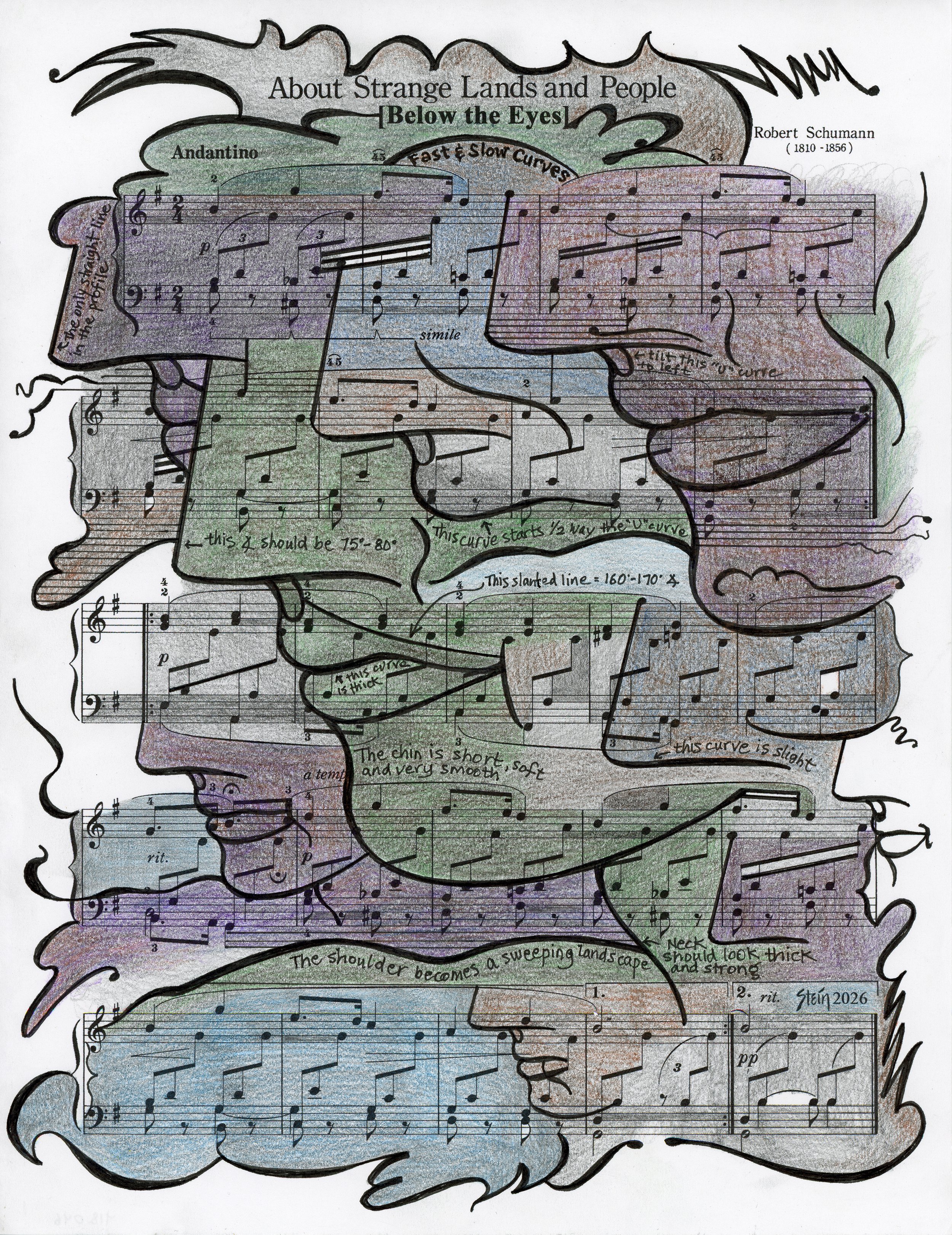   About Strange Lands and People 418.046  2026; 11” x 8.5”; Colored Pencil, Graphite, and Ink on Paper 