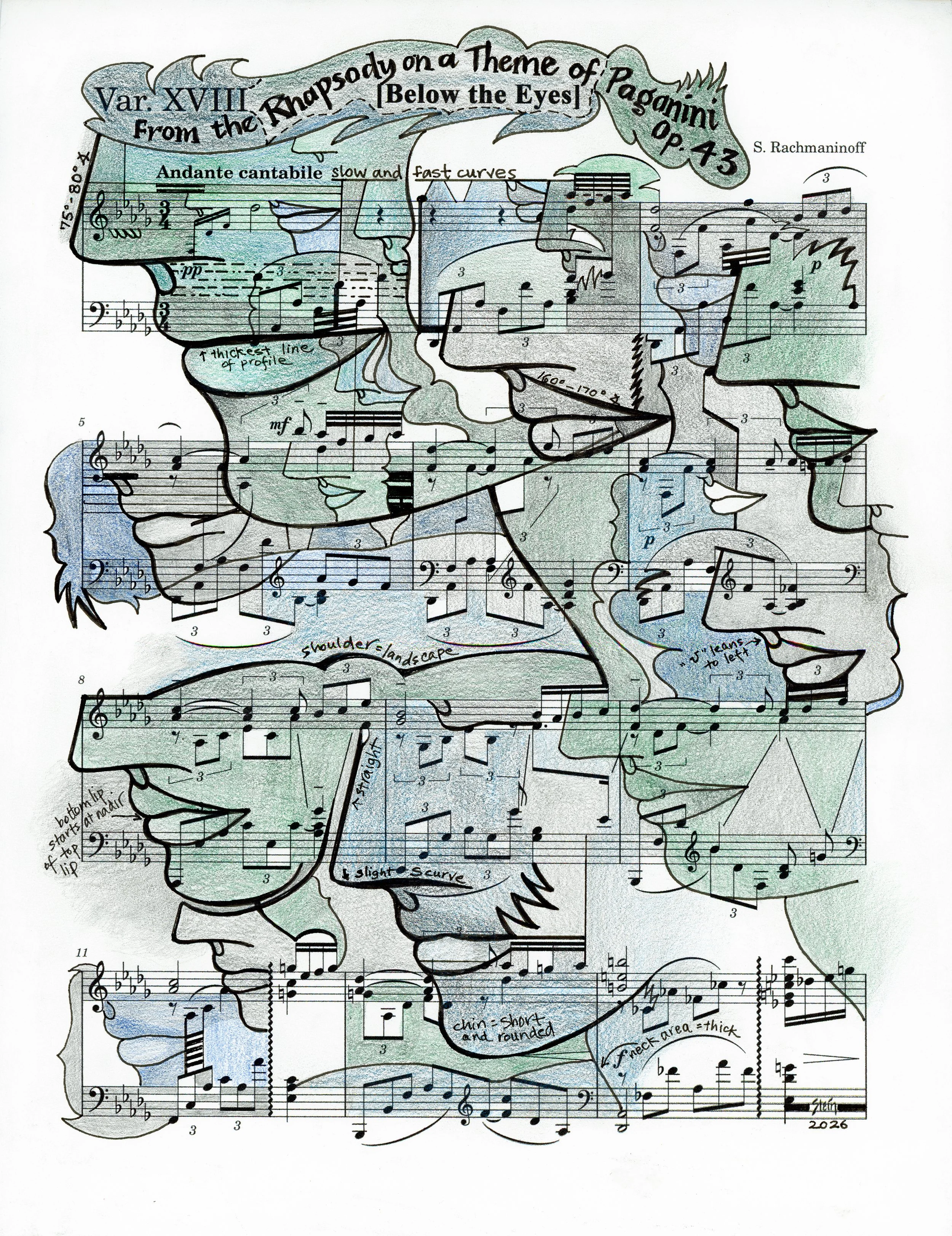   Var. XVIII From the Rhapsody on a Theme of Paganini Op. 43 418.037  2026; 11” x 8.5”; Colored Pencil, Graphite, and Ink on Paper 