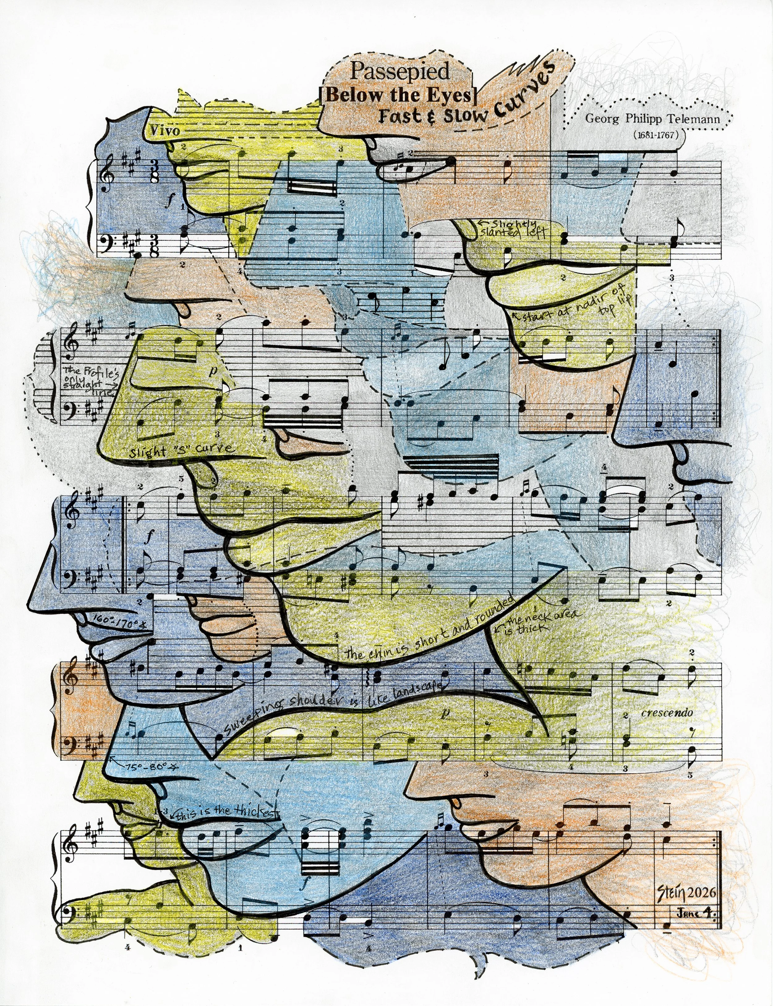   Passepied 418.042  2026; 11” x 8.5”; Colored Pencil, Graphite, and Ink on Paper 