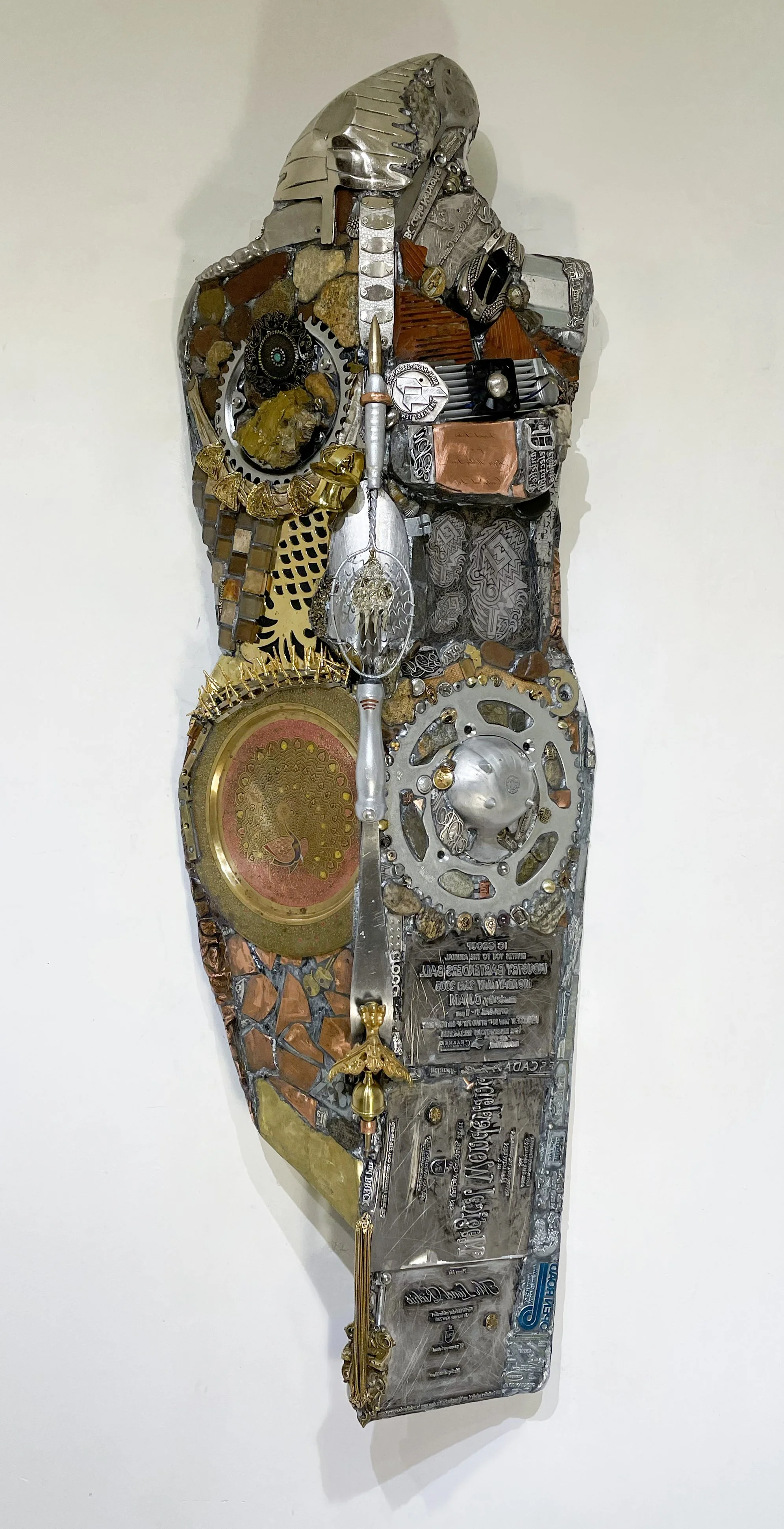   Knight of New Beginnings 1294 
 2026; 53.5” x 18” x 8.5”; wood, metal, stone, ceramic, brick, mixed media 