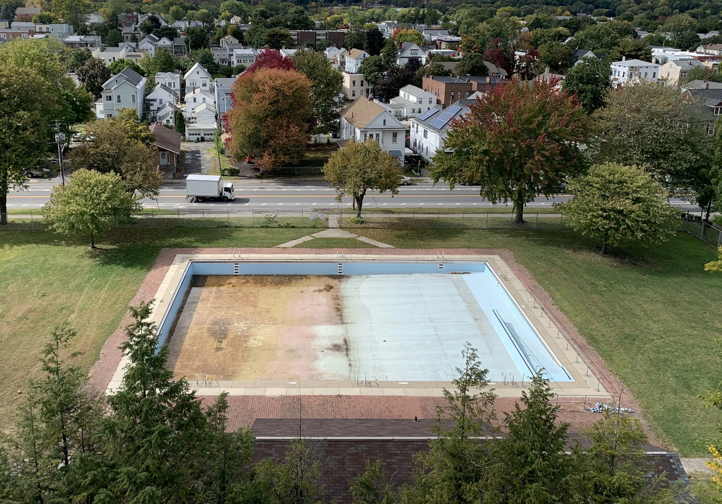 “I’m an RF technician, working on multiple rooftops a day. This is just one of the drained pools I’ve photographed while working in the summer of 2020”. Watervliet, NY. September 30, 2020. Jessica Johnson