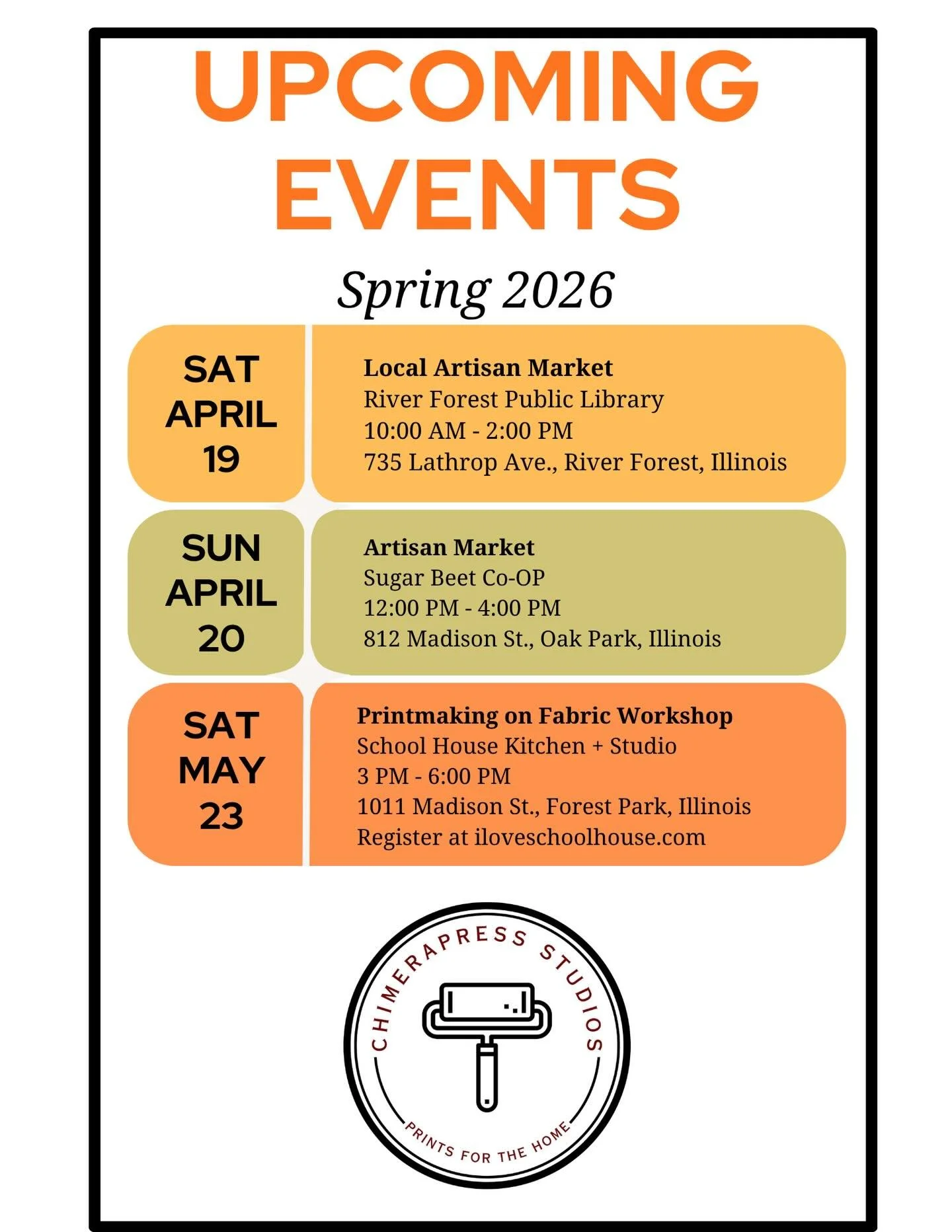 I&rsquo;ve kept busy prepping for spring and summer events. Here are a few of the first ones coming up. #handmade #reliefprint #makeartbehappy #riverforestpubliclibrary #iloveschoolhouseoakpark