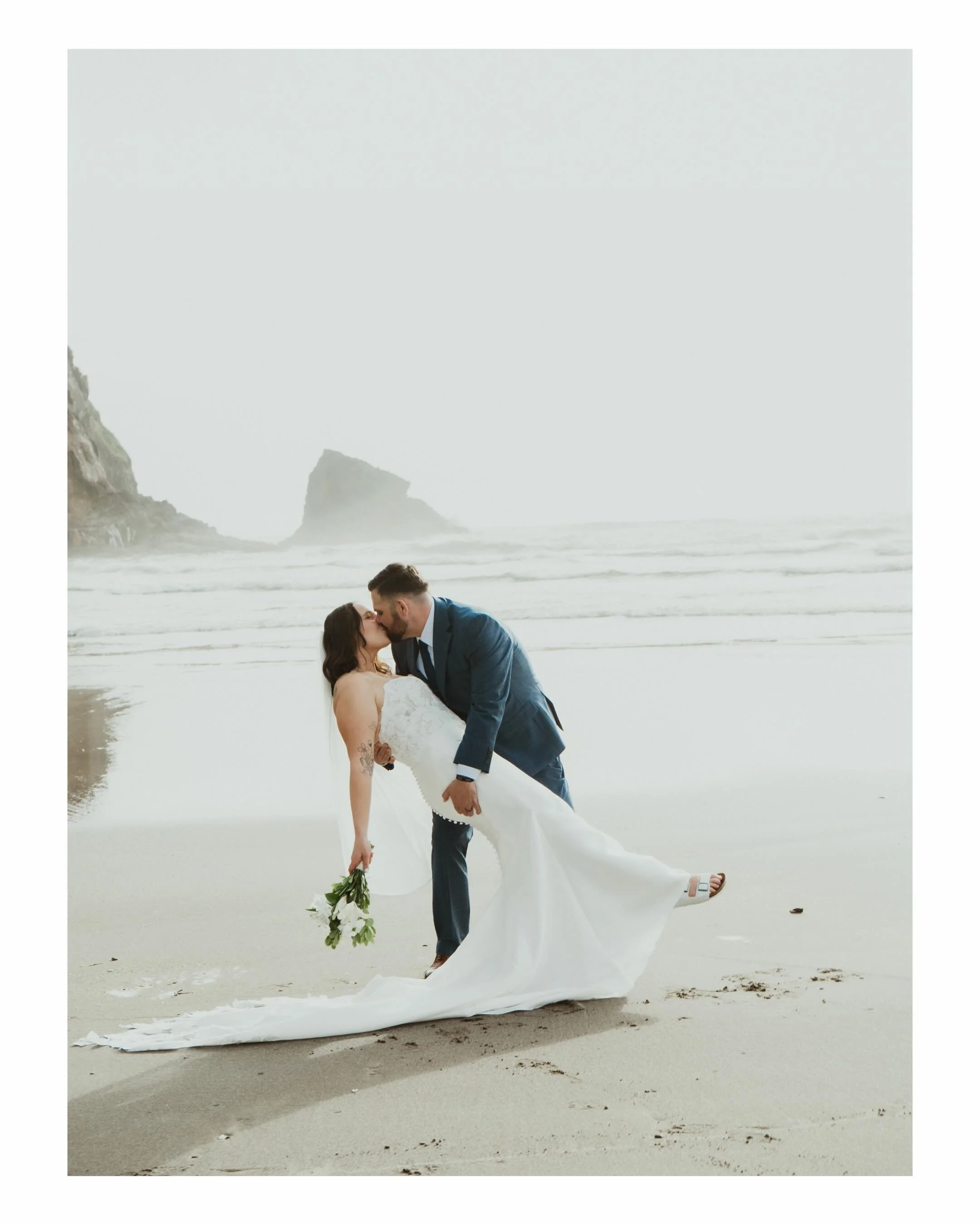 The dress hanging over the Pacific. Lace on a foggy deck. vows on the sand with sea stacks as witnesses. This is what it looks like when two people skip the fuss and just choose each other. 🌊🤍

#oregonelopement #oregoncoast #pnwelopement #coastalel