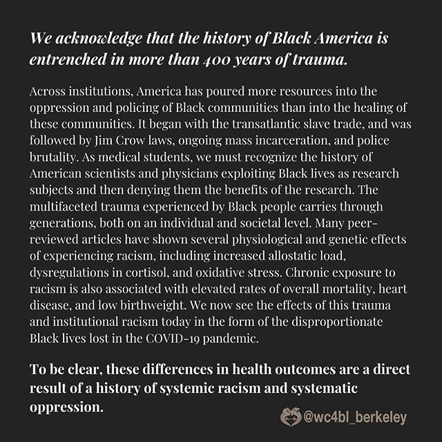 As the Berkeley WC4BL chapter, we believe that it is our responsibility as future physicians to speak out against these injustices. Silence is not an option. We are tired, we are outraged, and we demand action. #blacklivesmatter #nojusticenopeace #bl
