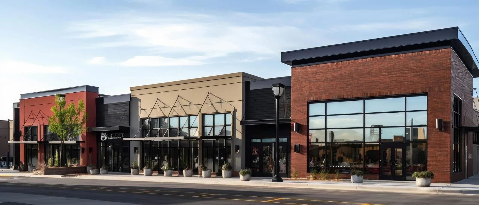 Row of retail storefronts in an open-air shopping center with available lease space