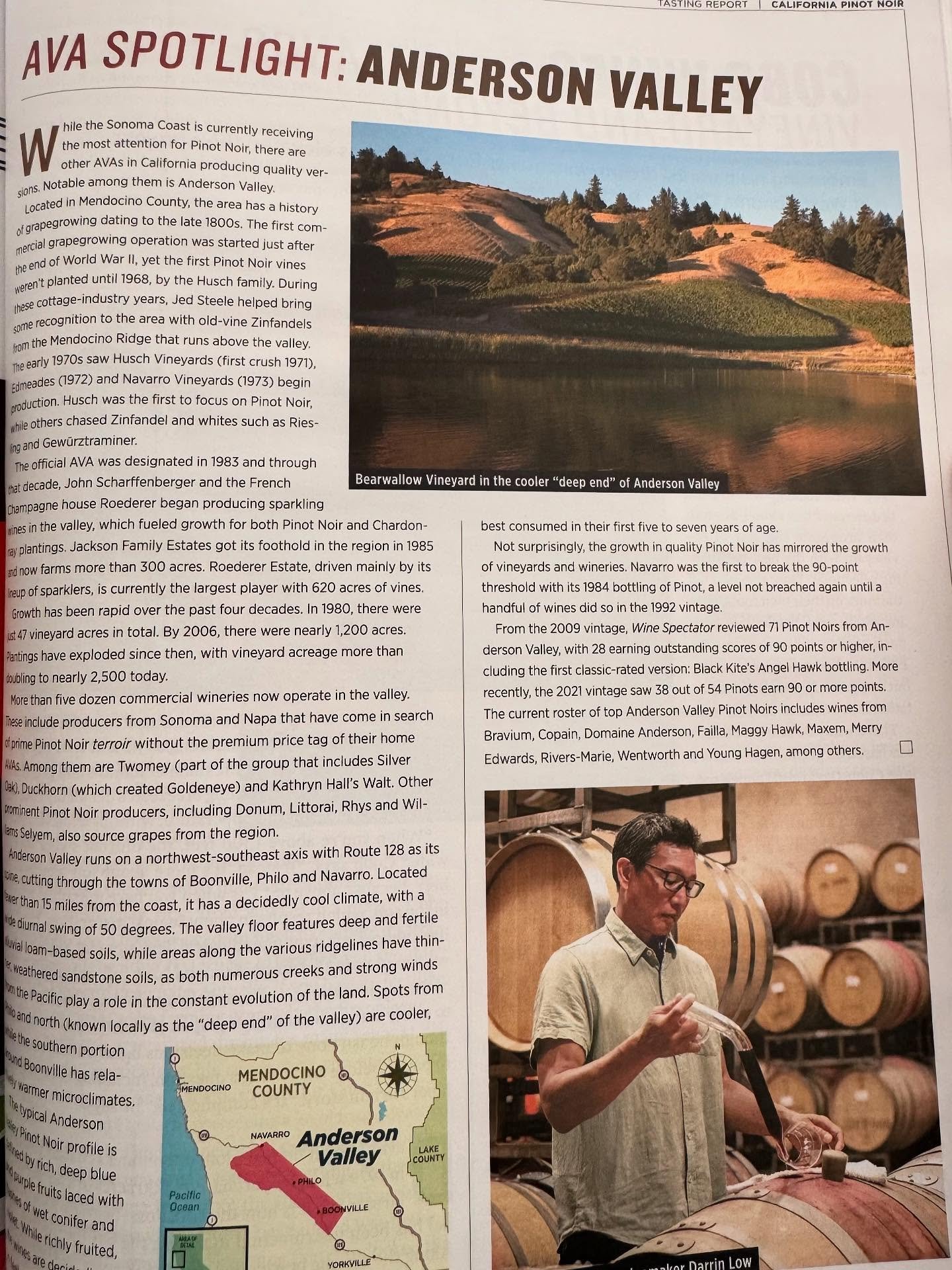 Thank you to James Molesworth of Wine Spectator for shining a light on the Anderson Valley in the current issue of the magazine. We&rsquo;re honored to be named among the &ldquo;current roster of top Anderson Valley Pinot Noirs&rdquo; with @braviumwi