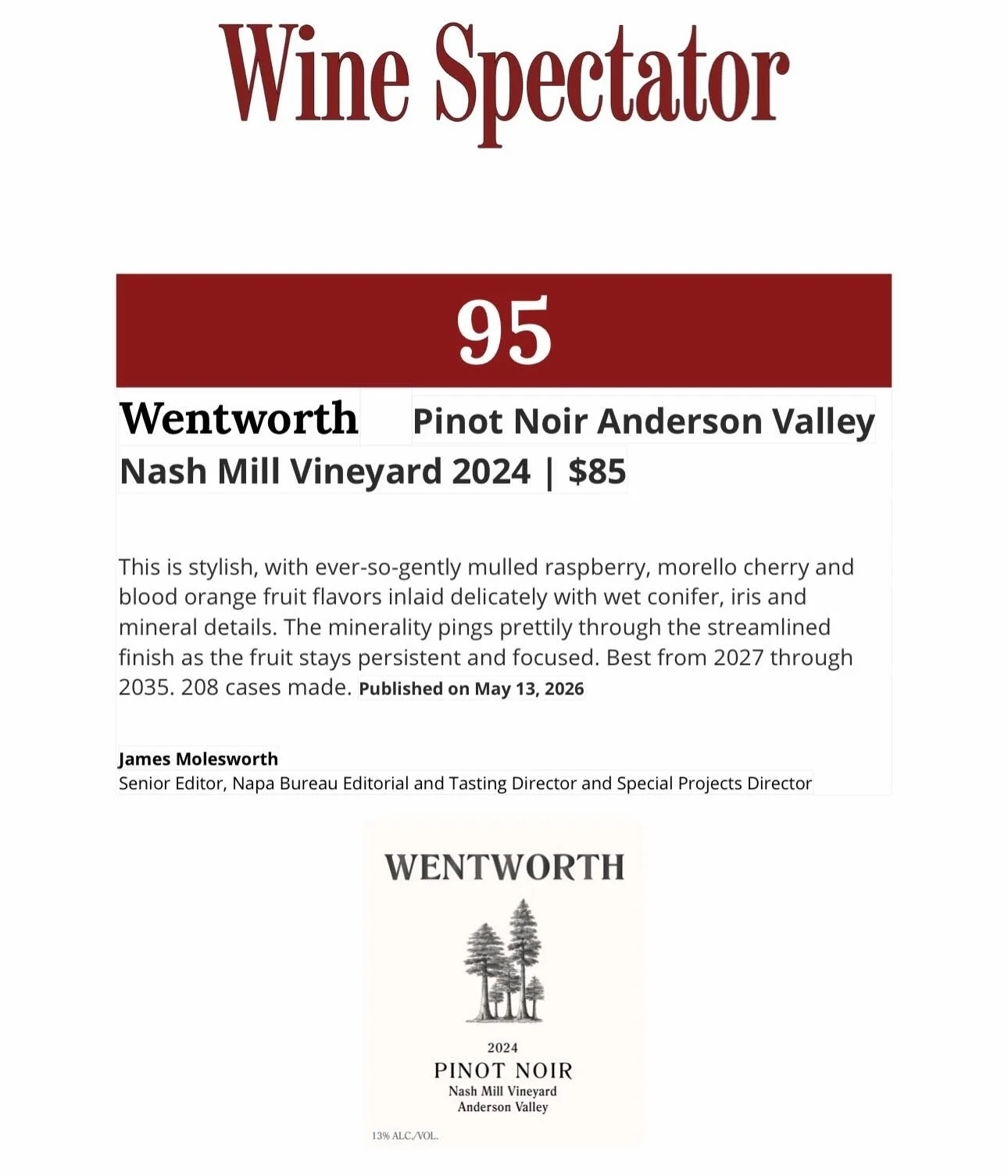 Thank you 🙏 to @jmolesworth1 @wine_spectator for the favorable assessments of our 2024 vintage Anderson Valley Pinots and for helping us to get the word out on Wentworth Estate Grown wines! We&rsquo;re excited about this vintage and grateful. As lon