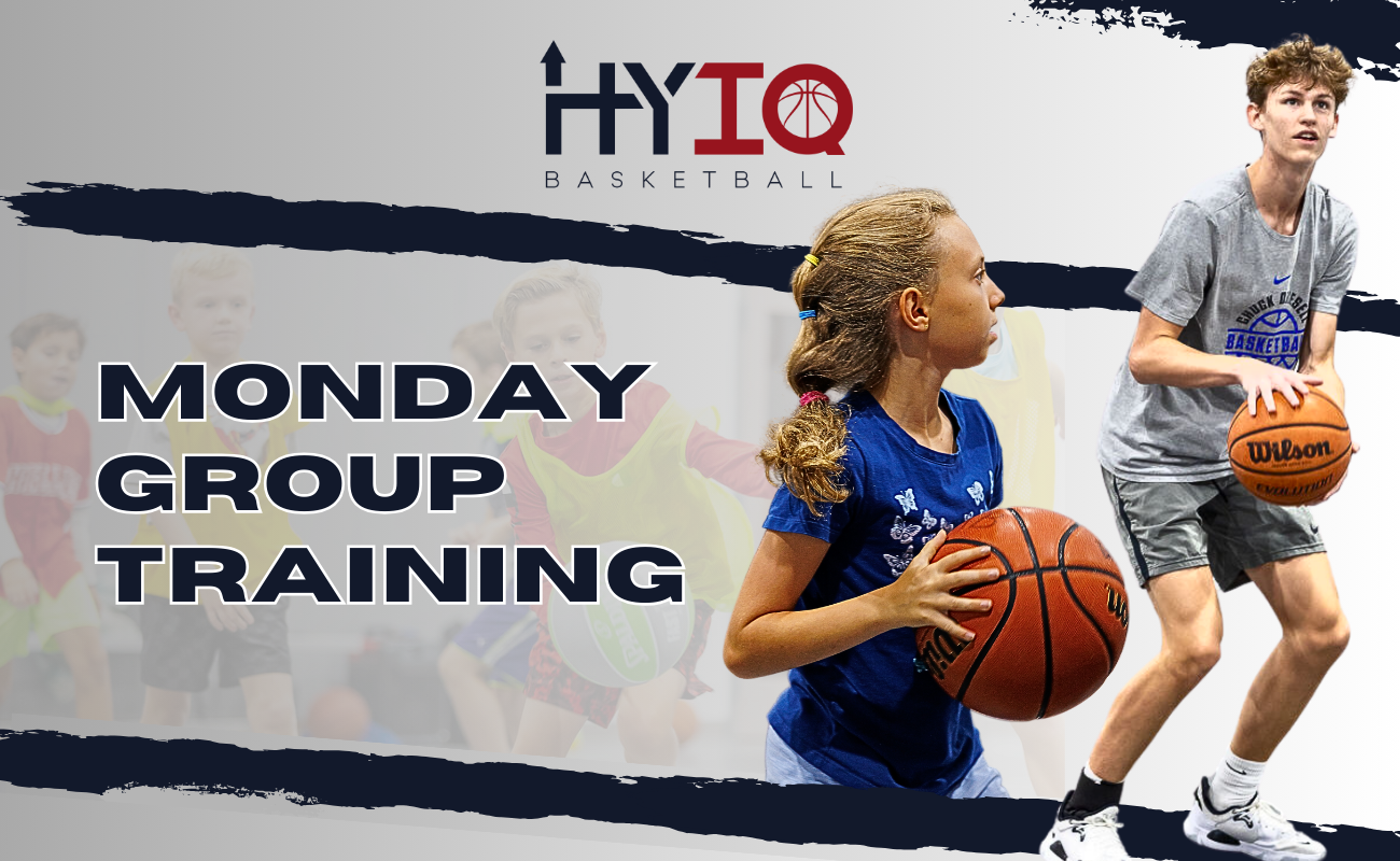 "HYIQ Elite Training players practicing detailed footwork during a Monday basketball training session."