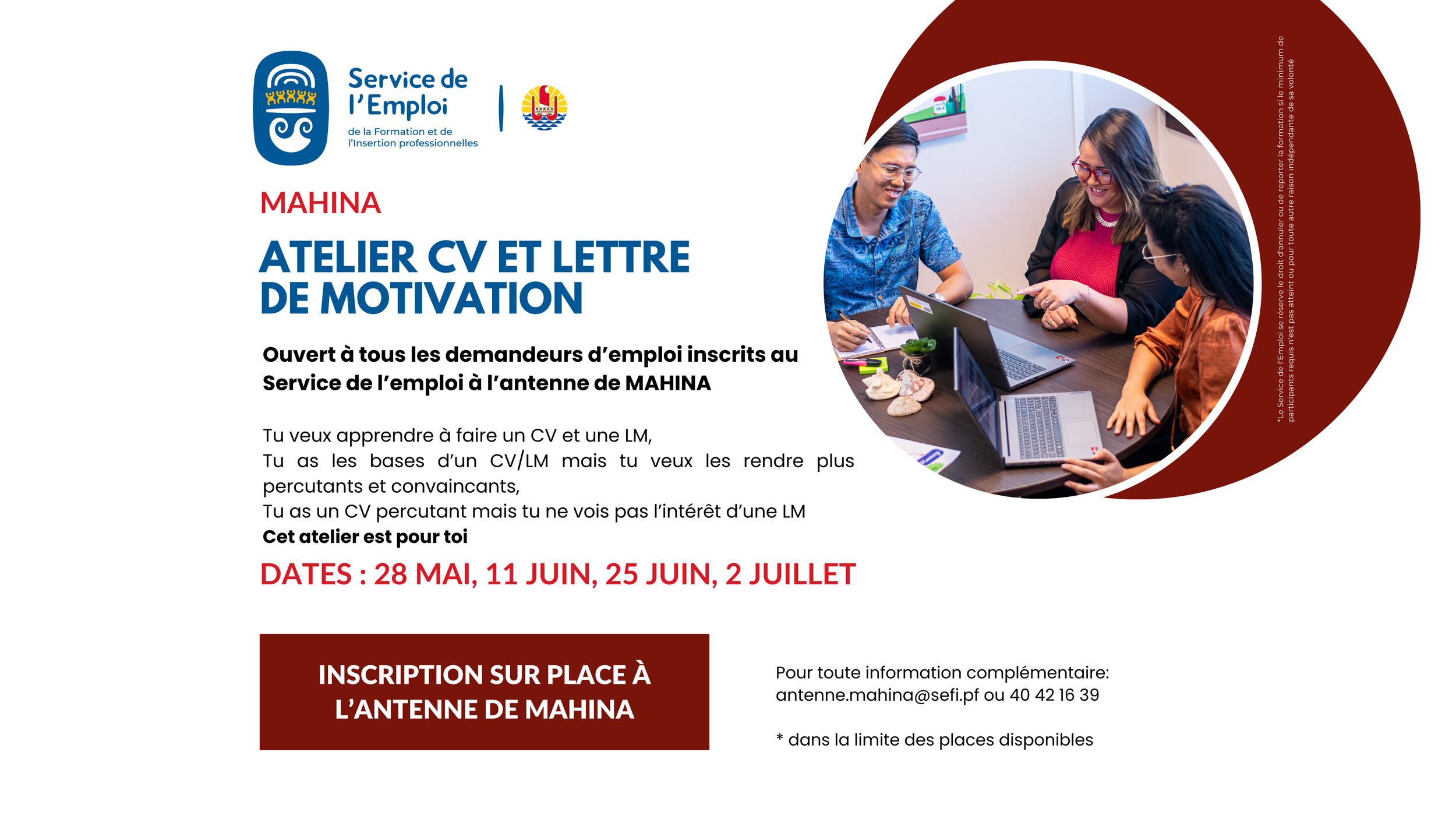 ANTENNE MAHINA - LES DATES DES PROCHAINS ATELIERS CV et LM