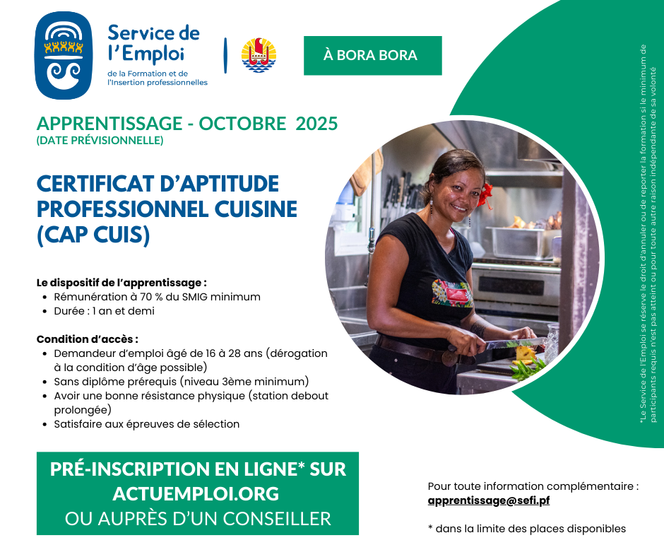 APPRENTISSAGE : CAP CUISINE (CAP CUIS) À BORA BORA