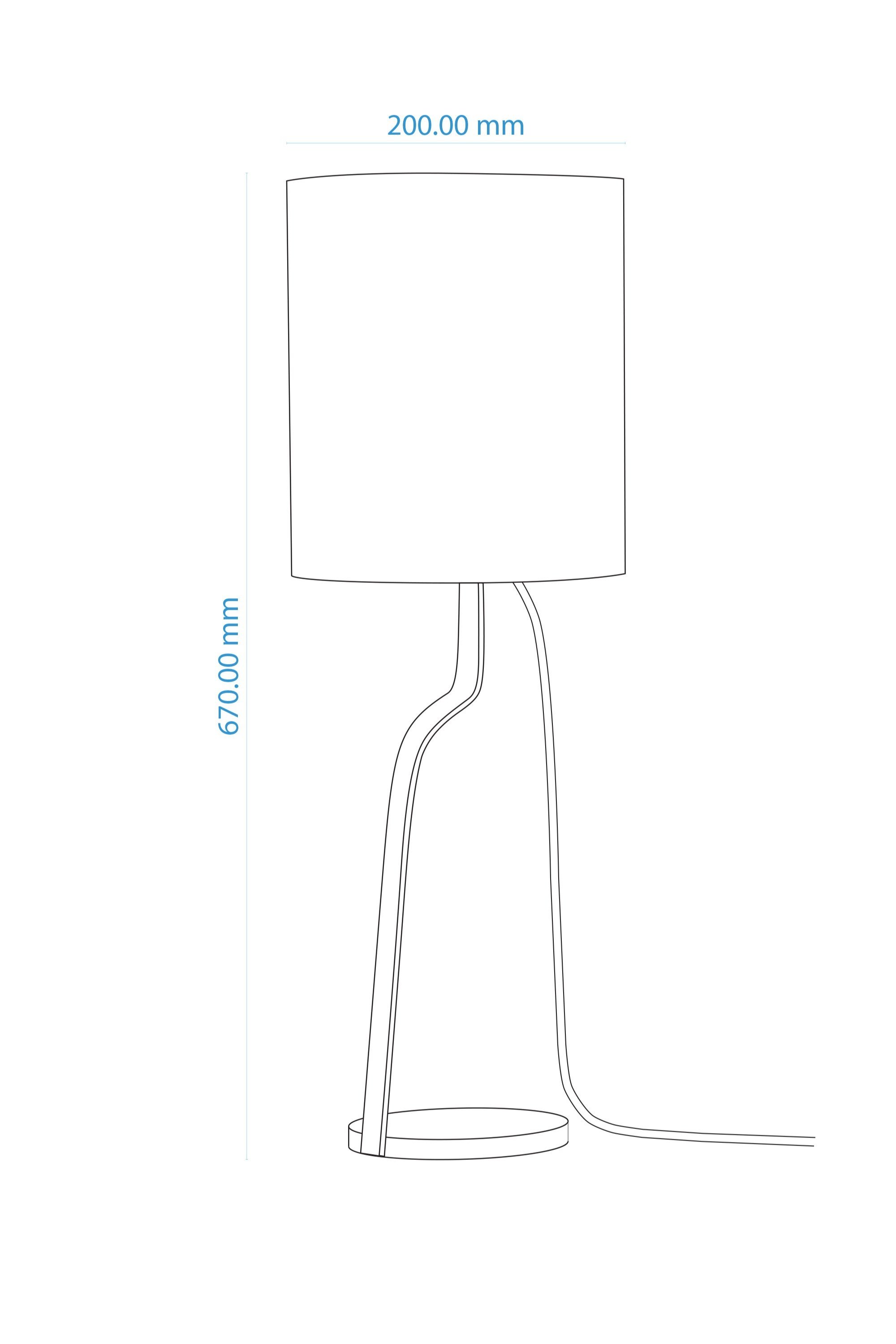 Line drawing of table lamp with cylindrical shade (200 mm diameter), total height of 670 mm. Features curved stand, circular base, and extending electrical cord, highlighting functional design.