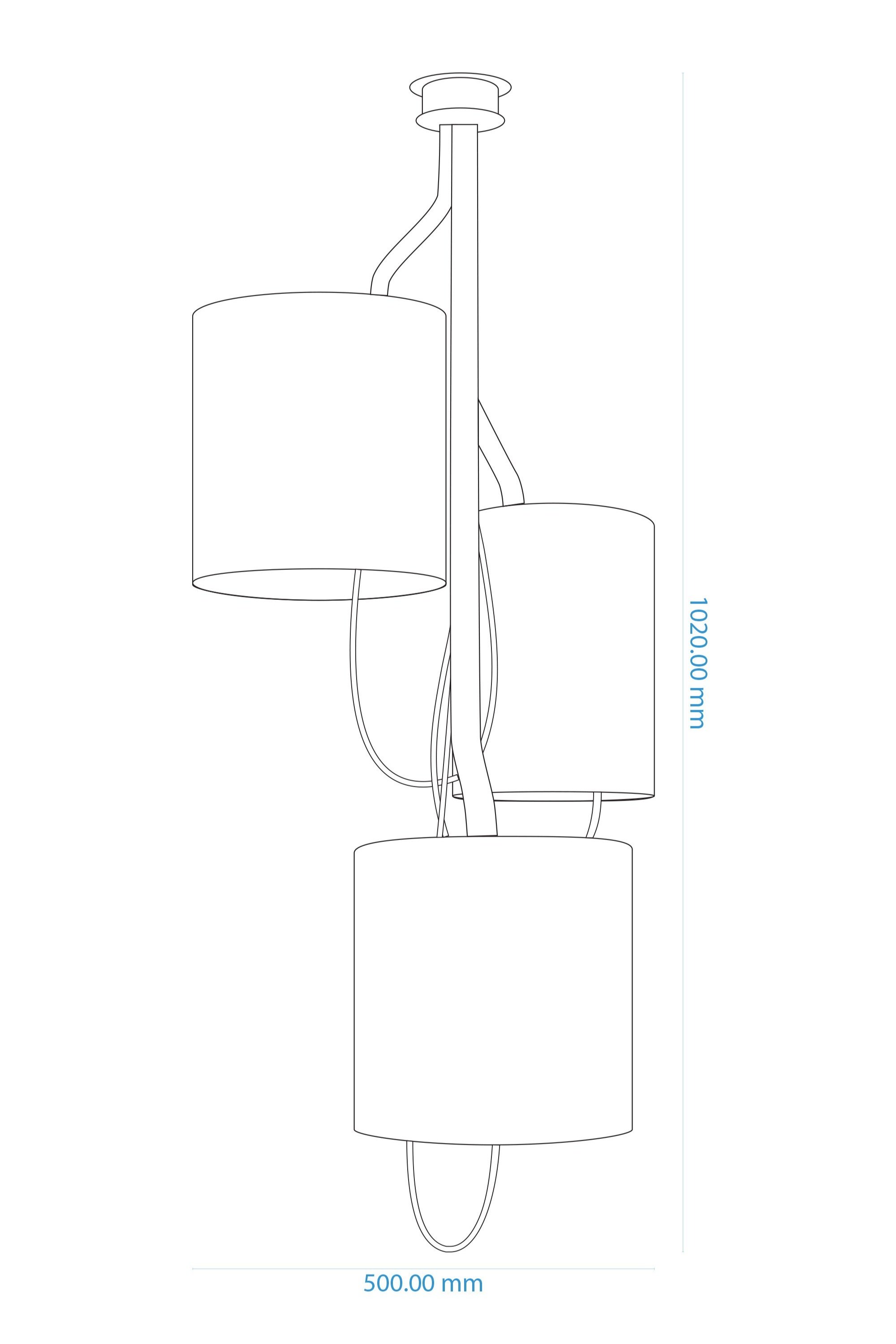 Technical drawing of a chandelier with three stone-effect cylindrical shades. Offset curved steel branches, textile cables, dimensions (1020 mm height, 500 mm width) for precise installation.