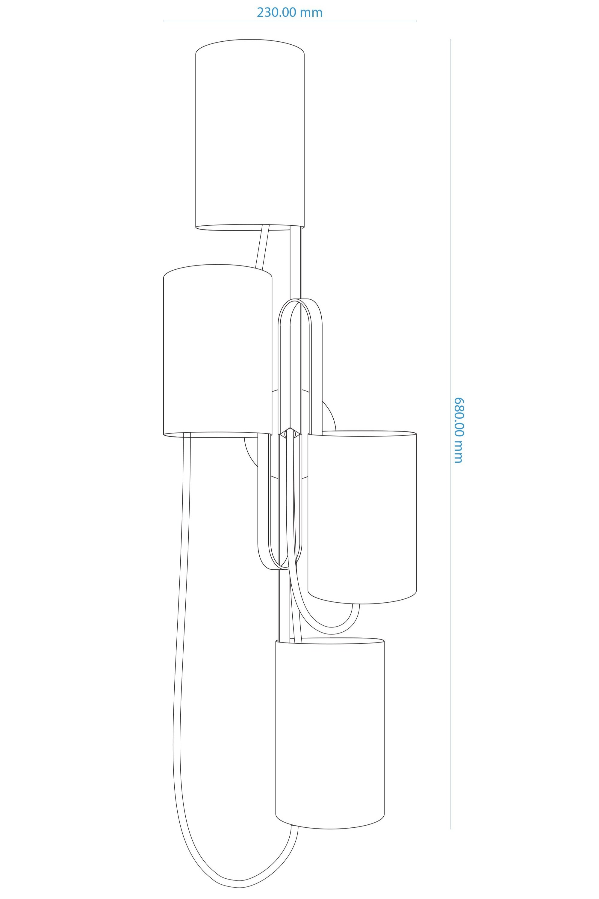 Technical drawing of a vertically arranged wall-mounted light with four textured stone-effect shades. Includes curved steel branches, textile cables, and dimensions (230 mm width, 680 mm height).