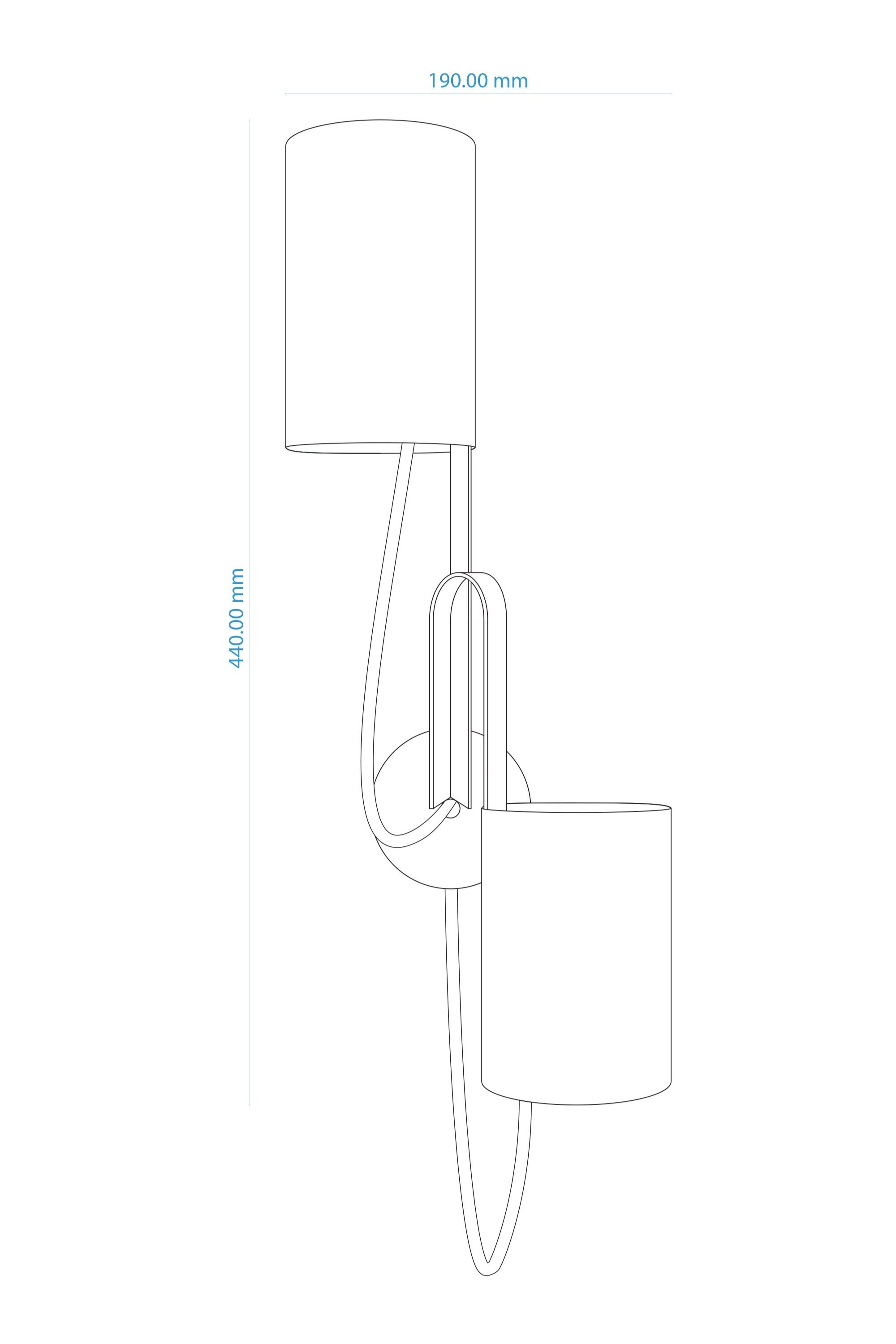 Technical drawing of a wall-mounted light fixture with two cylindrical lampshades. Dimensions (190 mm width, 440 mm height) offer precise details for design and installation purposes.