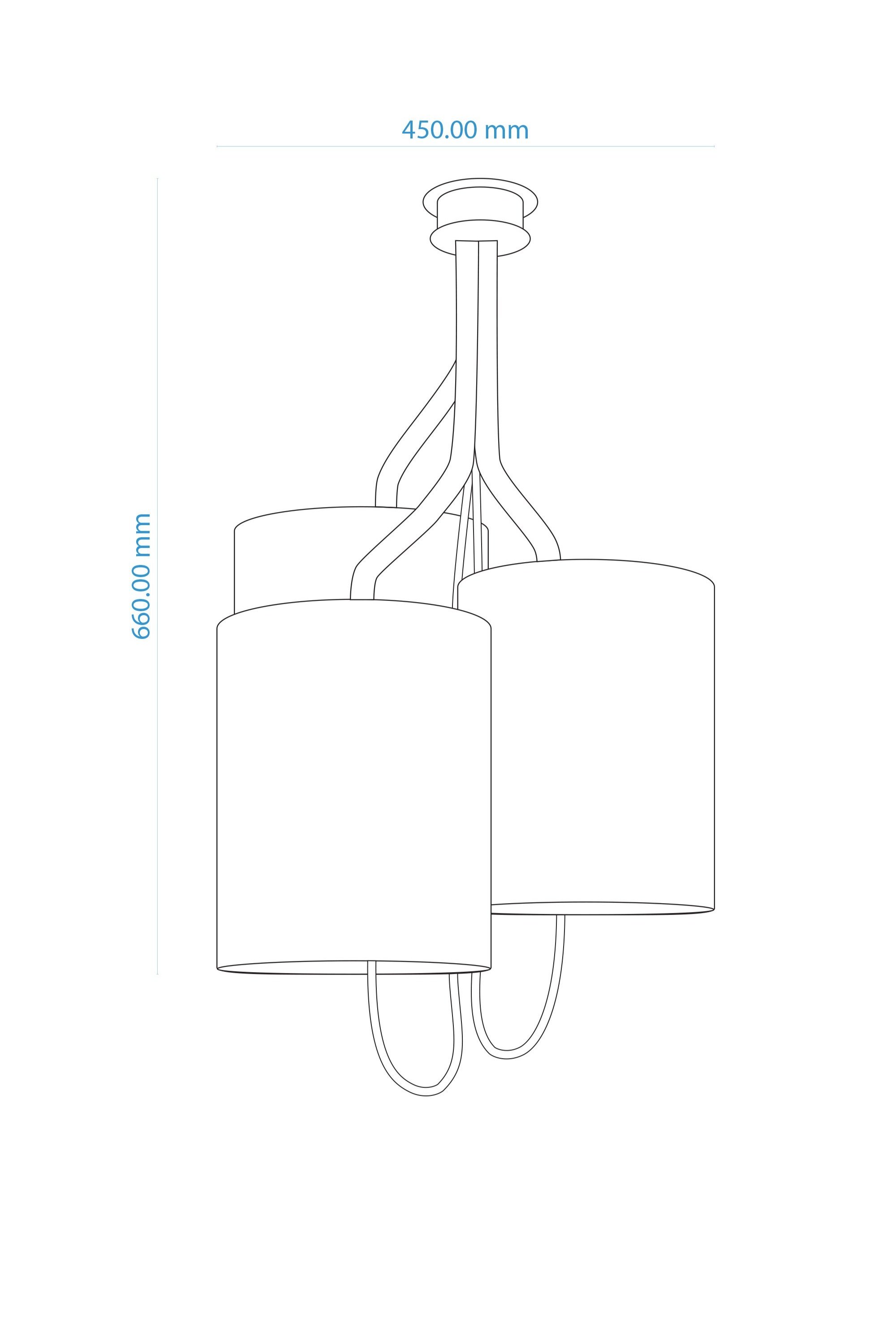 Technical line drawing of chandelier with three cylindrical lampshades on curved steel branches connected to a central frame. Dimensions: 450mm width, 660mm height, with steel ceiling rose and cables.
