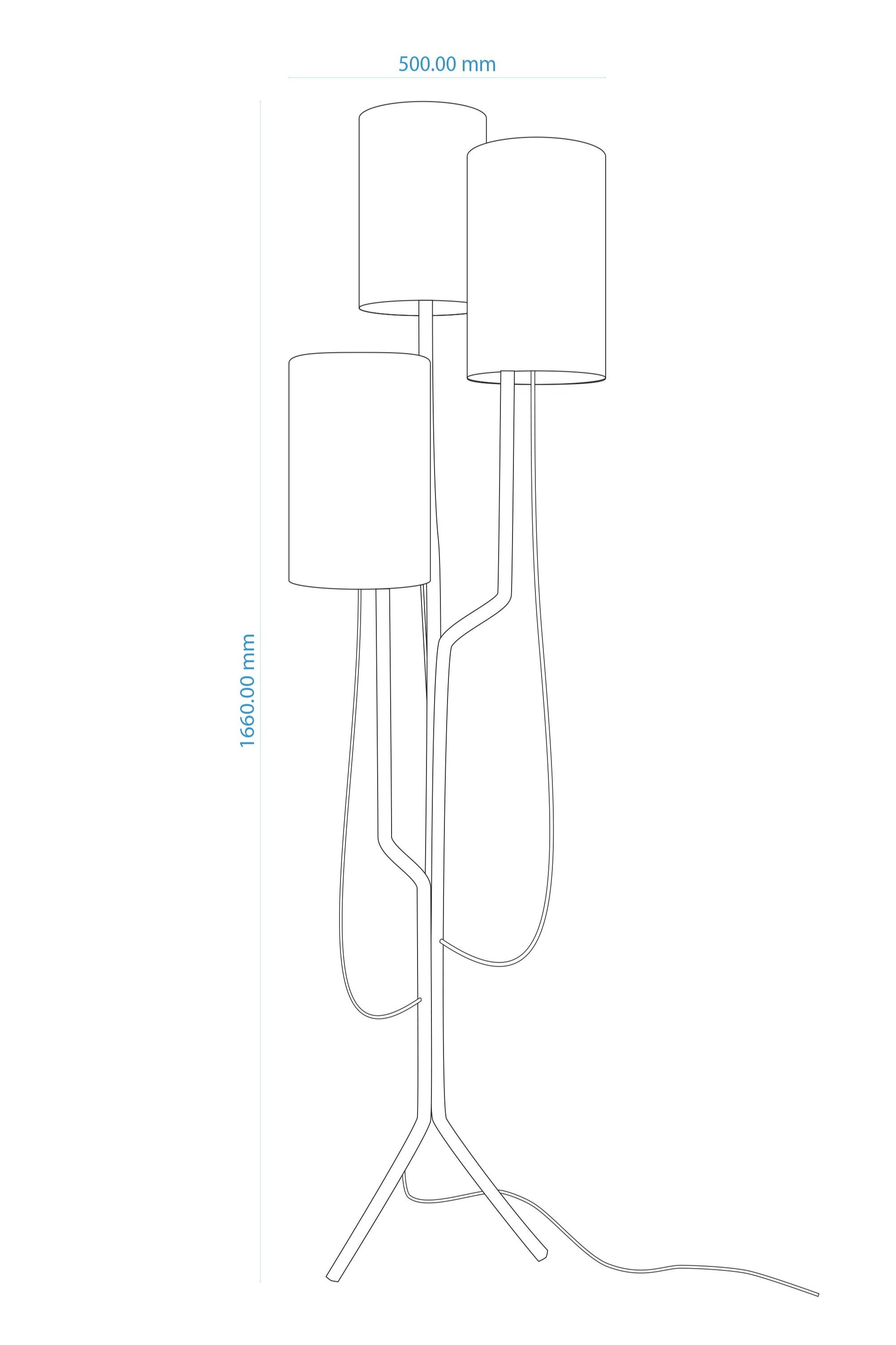 Technical drawing of a floor lamp with three cylindrical shades at varied heights, angular metal supports, and tripod base. Labeled dimensions: 1660mm height and 500mm width with visible power cords.