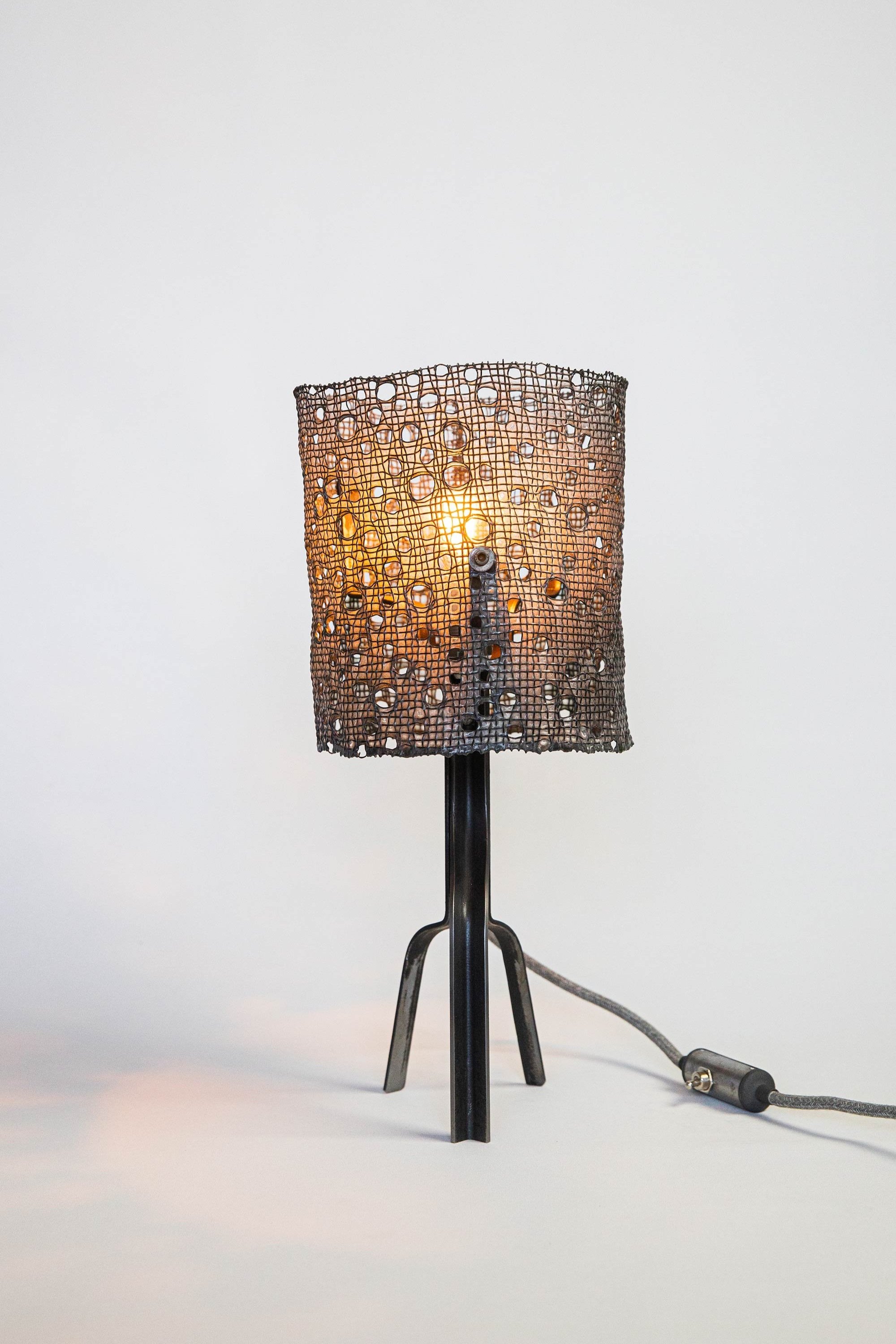 Modern lamp with dark steel tripod base and perforated mesh shade coated in polymer. Organic patterns diffuse warm light, casting intricate shadows. Includes fabric-covered cord with inline switch.