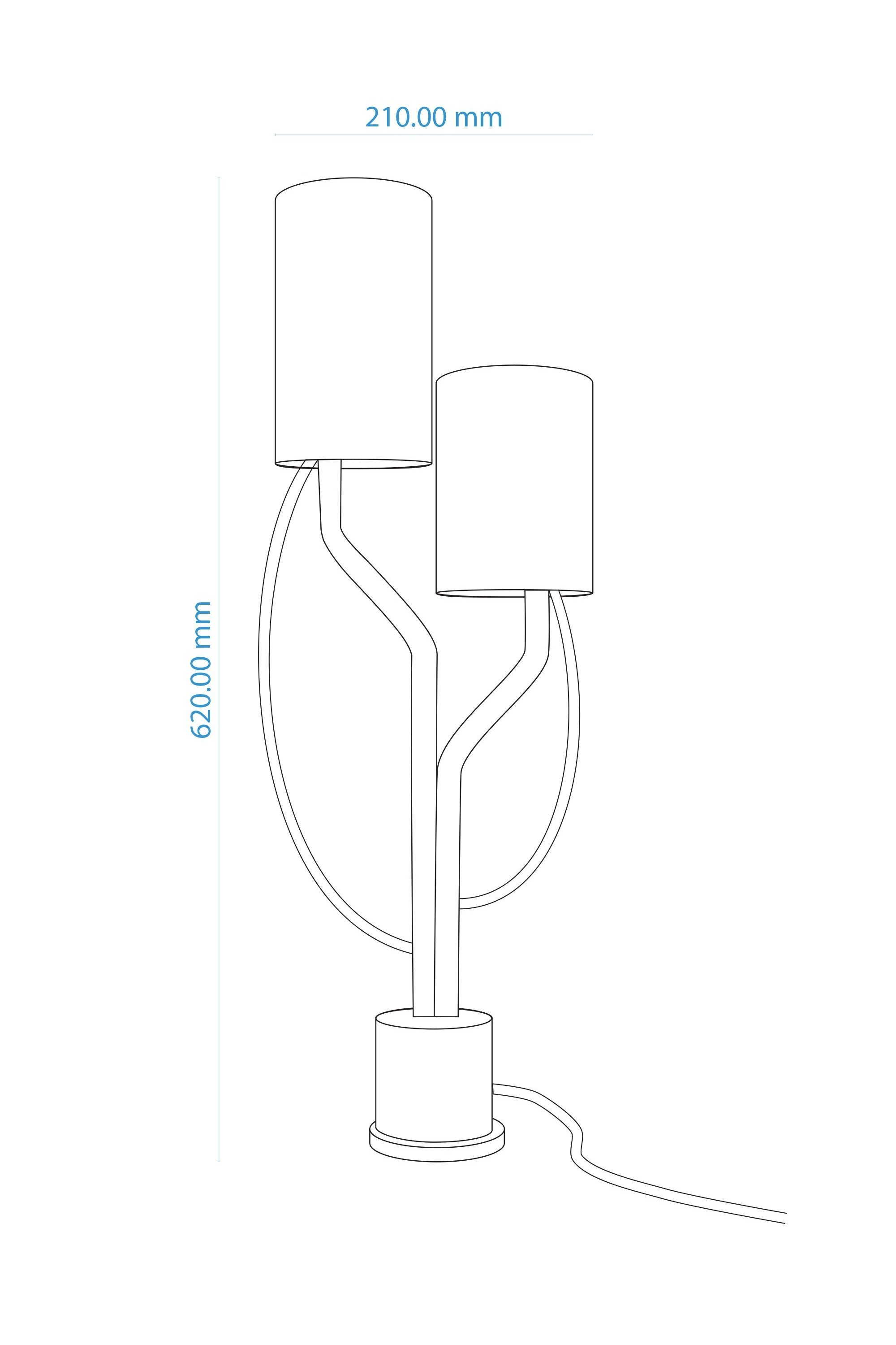 Line drawing of a modern table lamp with cylindrical shades on curved stems attached to a central base. Dimensions shown: height 620 mm, width 210 mm, offering clear fitting guidance.