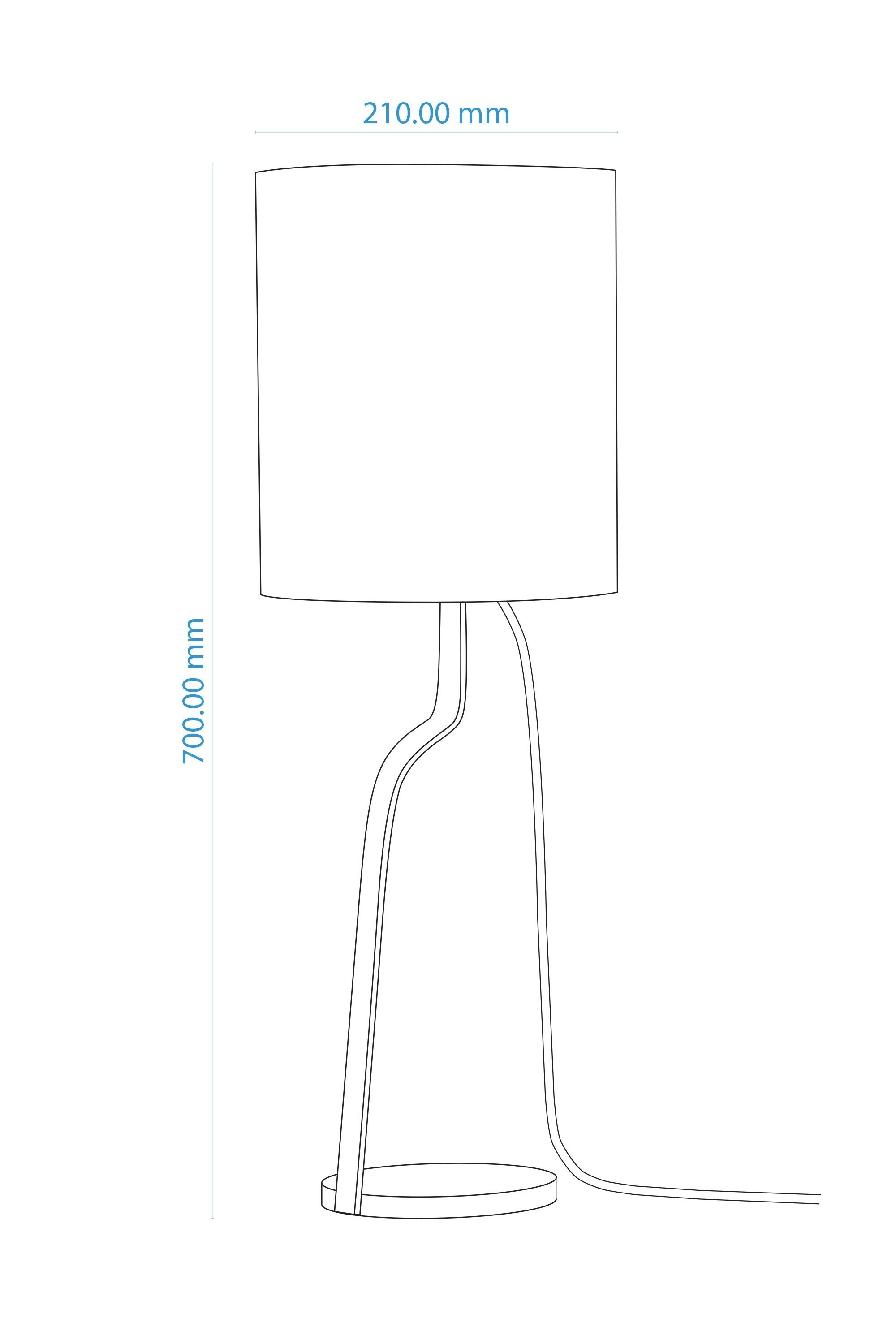 Line drawing of a lamp with a cylindrical shade, curved stand, and circular base. Lamp height is 700 mm; shade width is 210 mm.