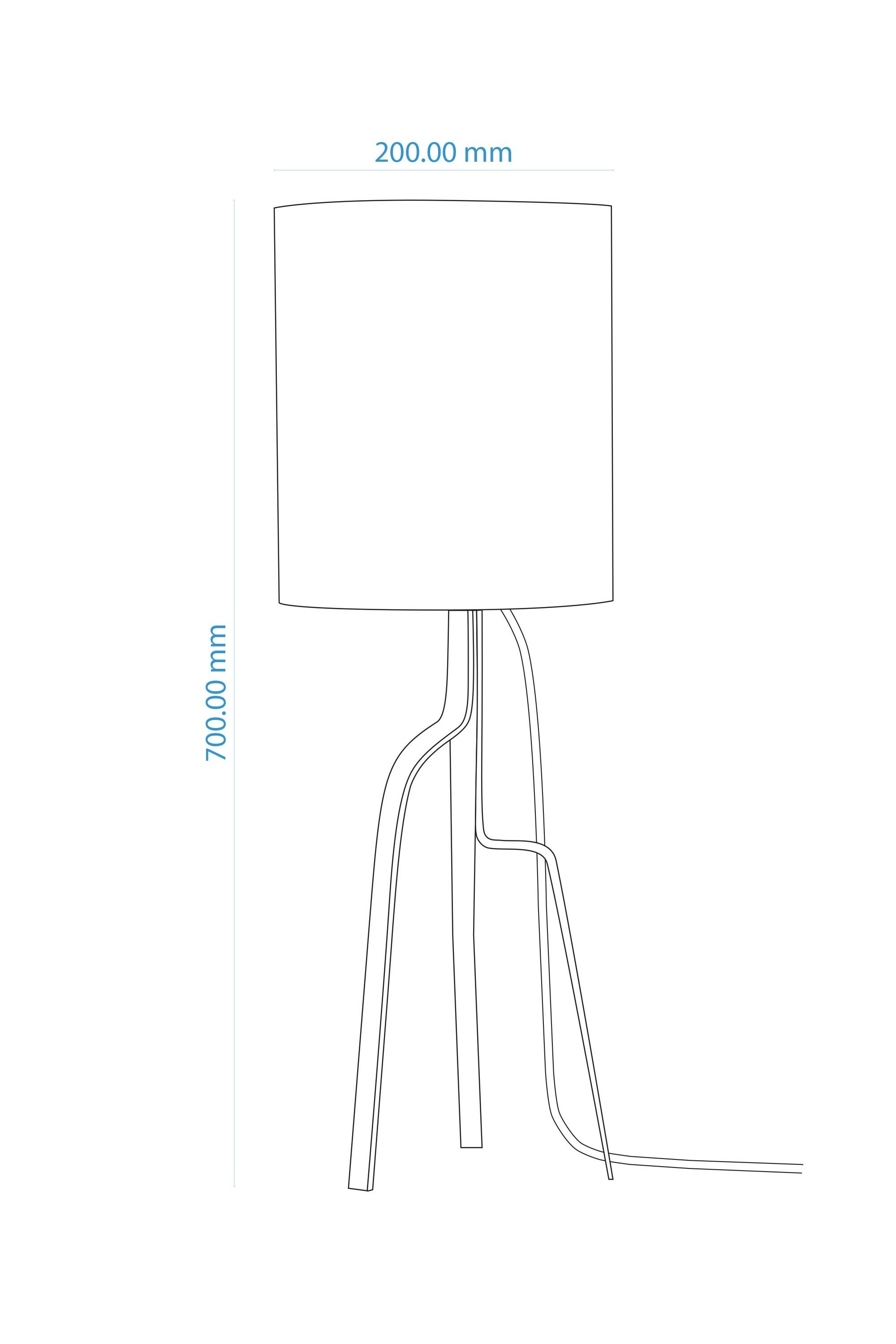 Line drawing of a lamp with a cylindrical shade and curved tripod base. Dimensions are labeled: height 700 mm, width of the lampshade 200 mm.