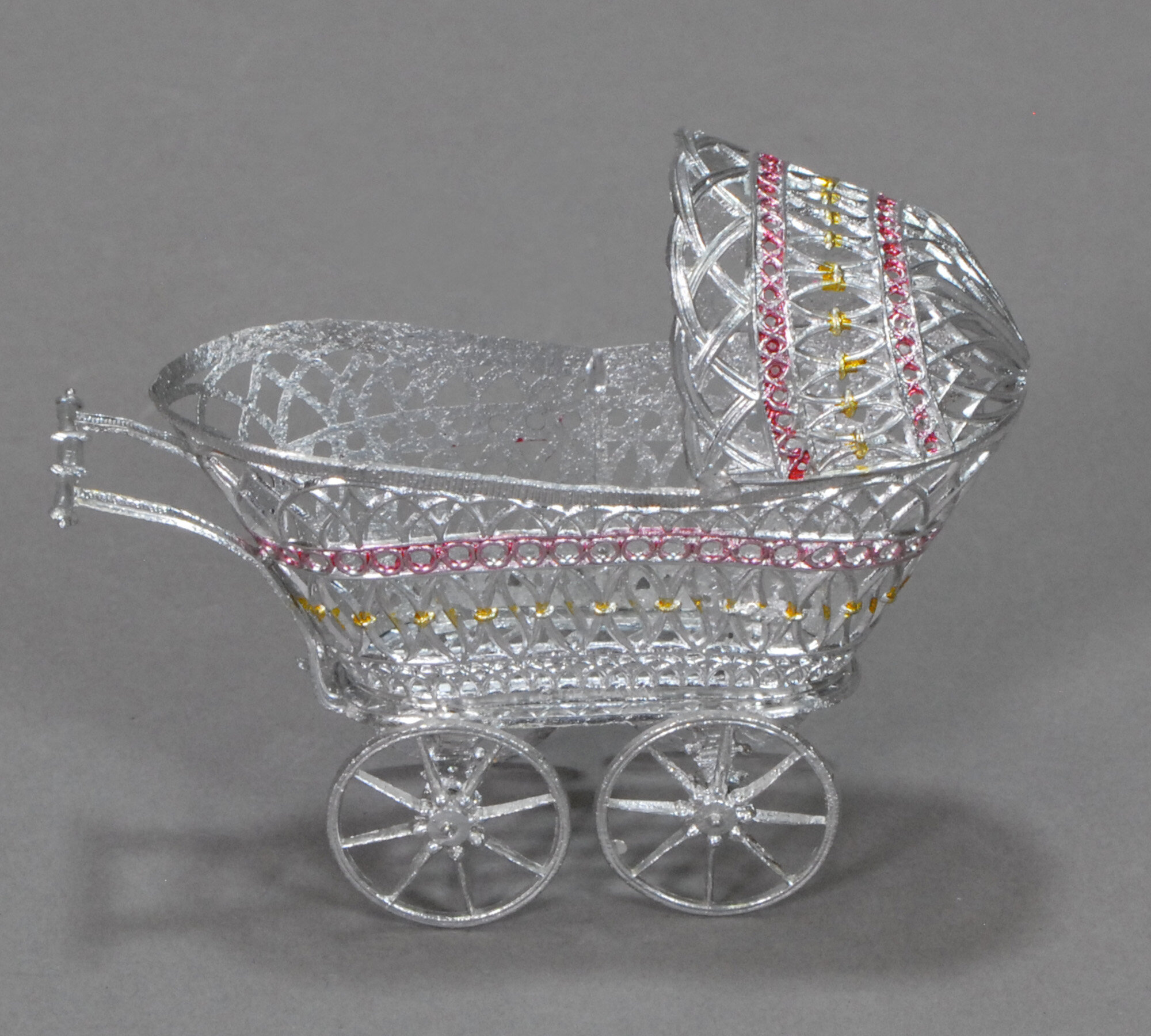 Dollhouse Miniature White Metal Baby Carriage 
