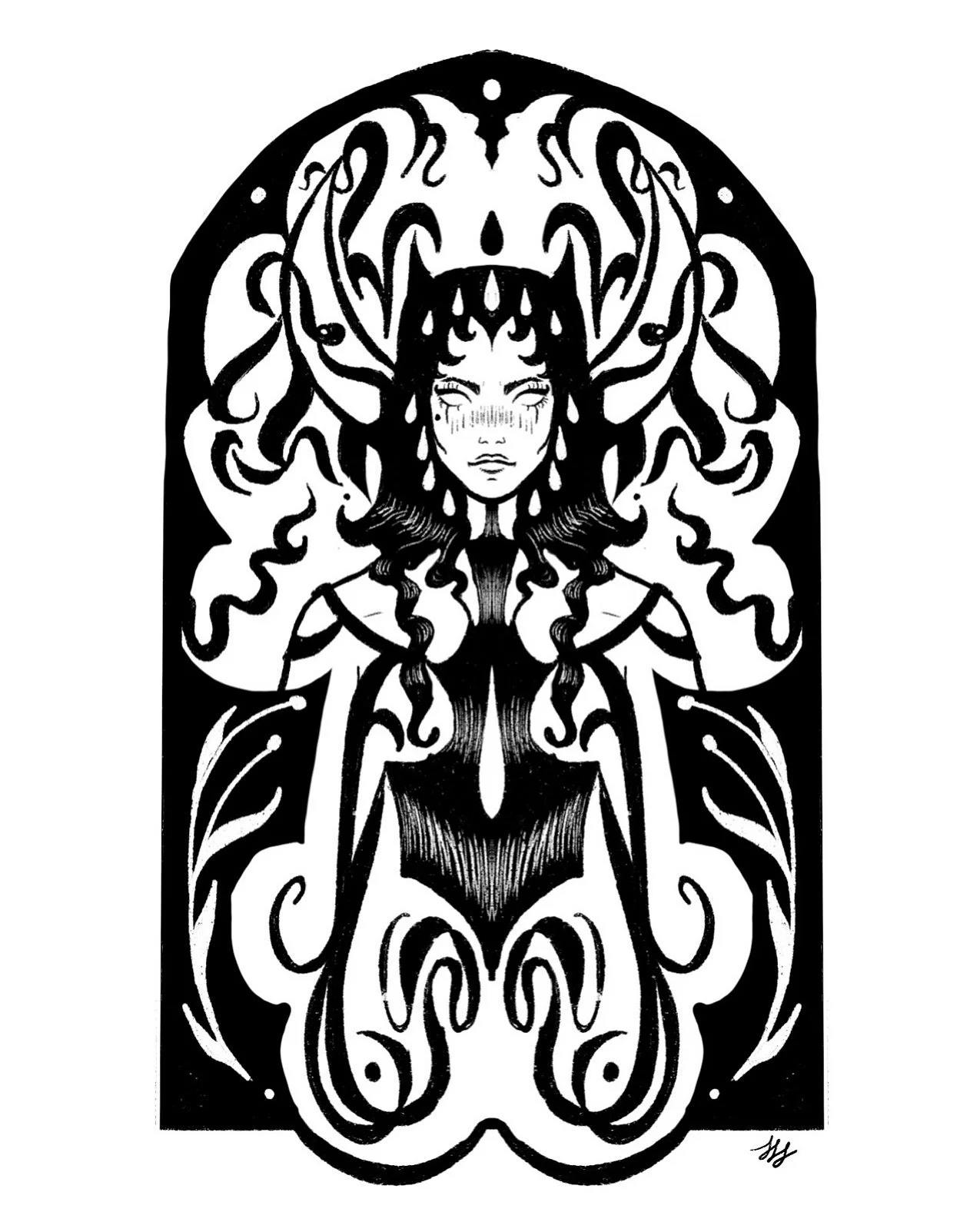 Black and white illustration of a woman with antlers, tears on her face, surrounded by intricate swirling patterns.