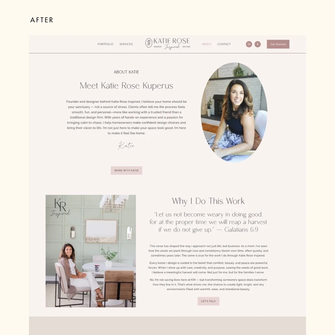 From DIY to elevated ✨
Katie Rose Inspired&rsquo;s business was growing &mdash; but her brand and website hadn&rsquo;t caught up yet.

We transformed her DIY WordPress site and hard-to-read logo into a warm, professional brand and a portfolio-driven 