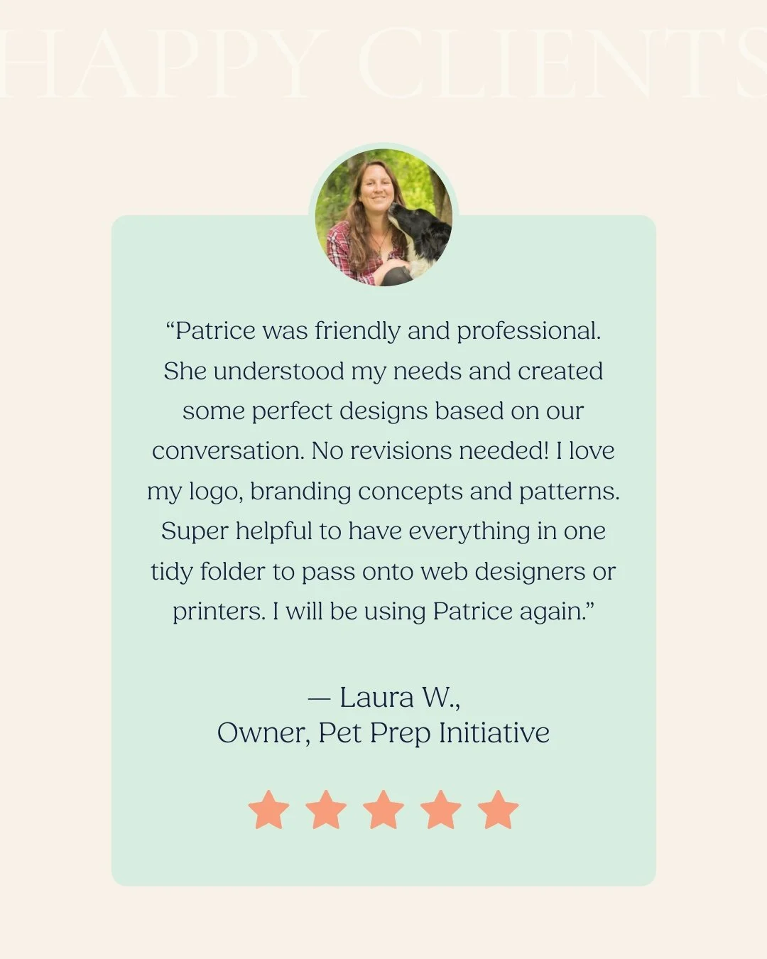 There&rsquo;s nothing better than hearing this from a client 🤍

&ldquo;Patrice was friendly and professional. She understood my needs and created some perfect designs based on our conversation. No revisions needed!&rdquo;

For Pet Prep Initiative, t