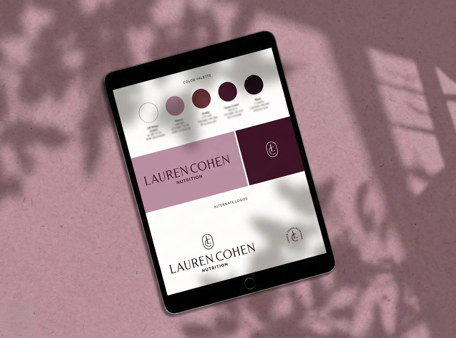 Brand board for Lauren Cohen Nutrition featuring mauve and merlot brand colors, typography selections, logo variations, and visual inspiration.