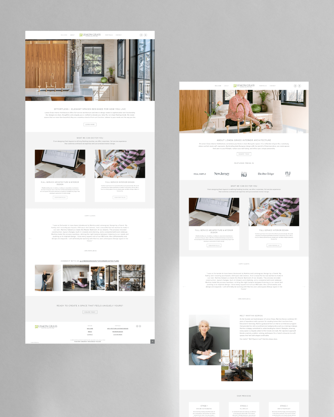 Screenshots of a website for Lemon Grass Interior Architecture and Design, featuring images of interior spaces, a woman working on design projects, and a portrait of Martine Servos, the founder and lead designer.