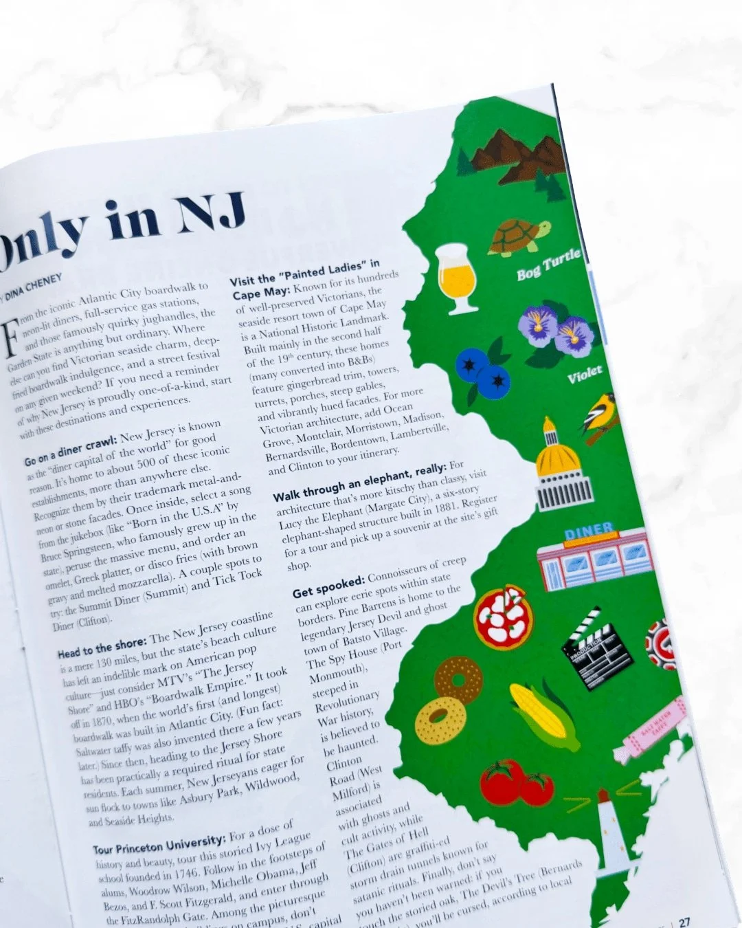 Colorful map of New Jersey with illustrations of a turtle, violet flowers, a banana, a pumpkin, a pizza, donuts, tomatoes, and a film clapperboard alongside text about New Jersey.