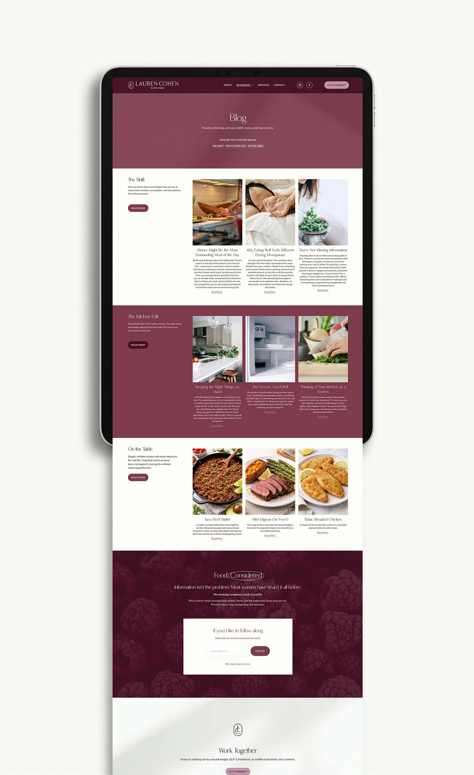 Blog page design for Lauren Cohen Nutrition featuring educational nutrition resources and articles.