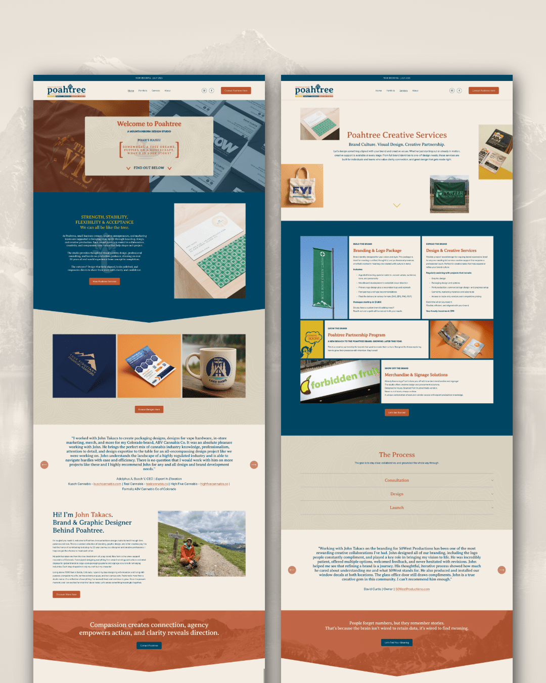 Two website design pages for Poahtree Creative Services, showcasing branding, graphic design, logo packaging, and signage solutions with colorful images and text sections.