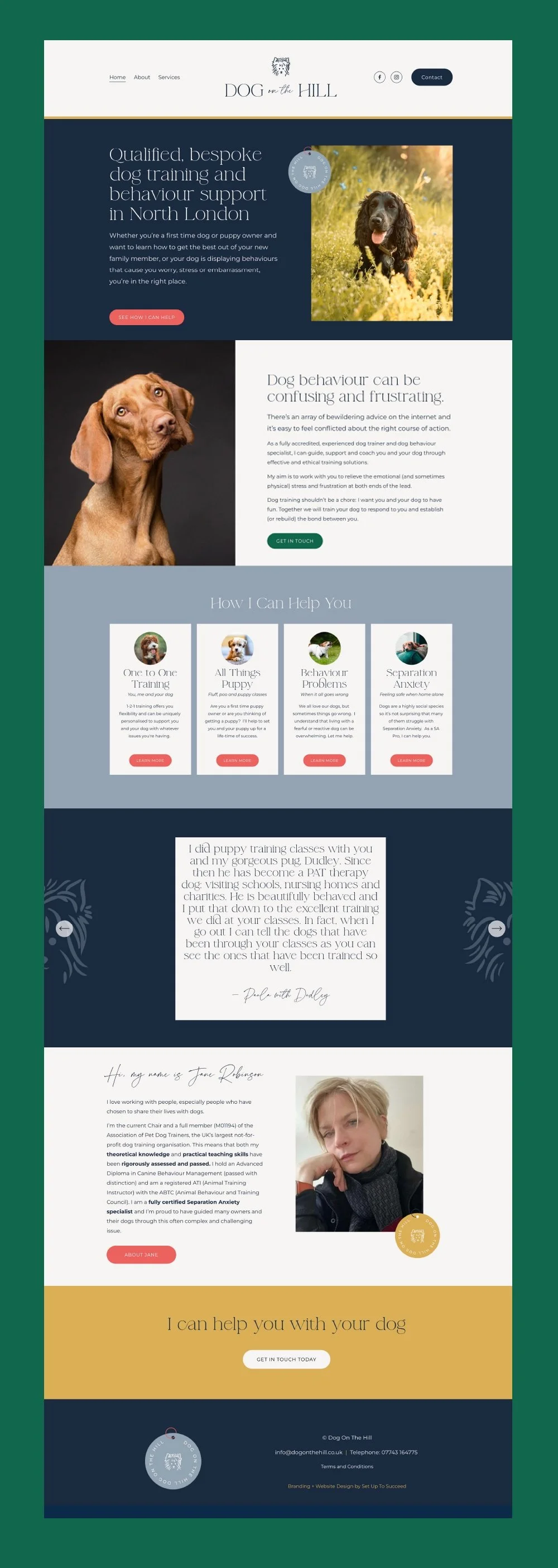 Homepage of Dog on the Hill website featuring images of dogs, service offerings, and contact information for dog training and behavior support in North London.