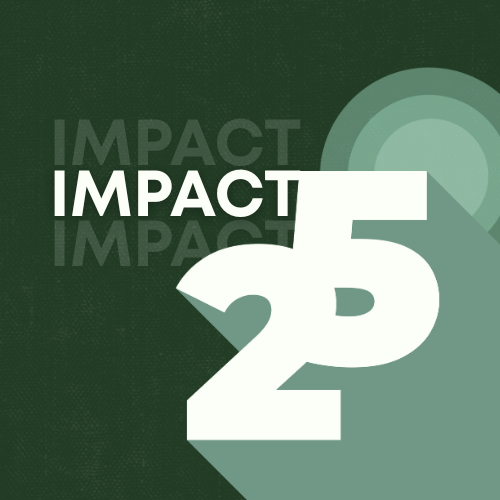 An illustration of a woman talking to a group of children sitting on the grass in a rural setting with hills and houses in the background. The words 'IMPACT25' are overlaid in a green silhouette of Brazil.